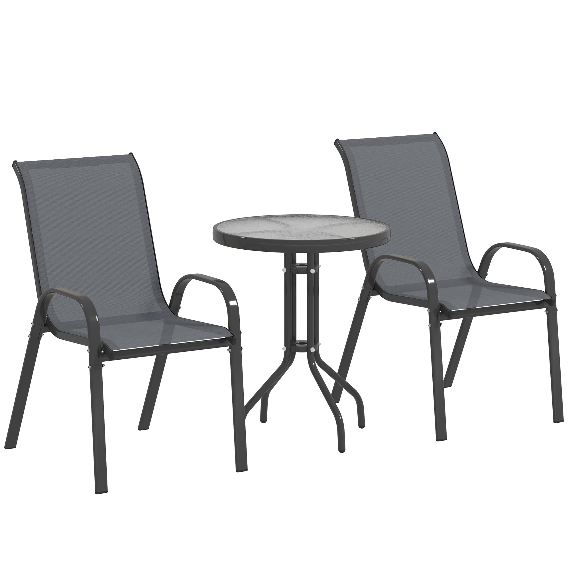 Bistro-Set 3-teilig Wetterfest Gartenmöbel Set Mit Glastisch Stapelbare Gartenstühlen Dunkelgrau