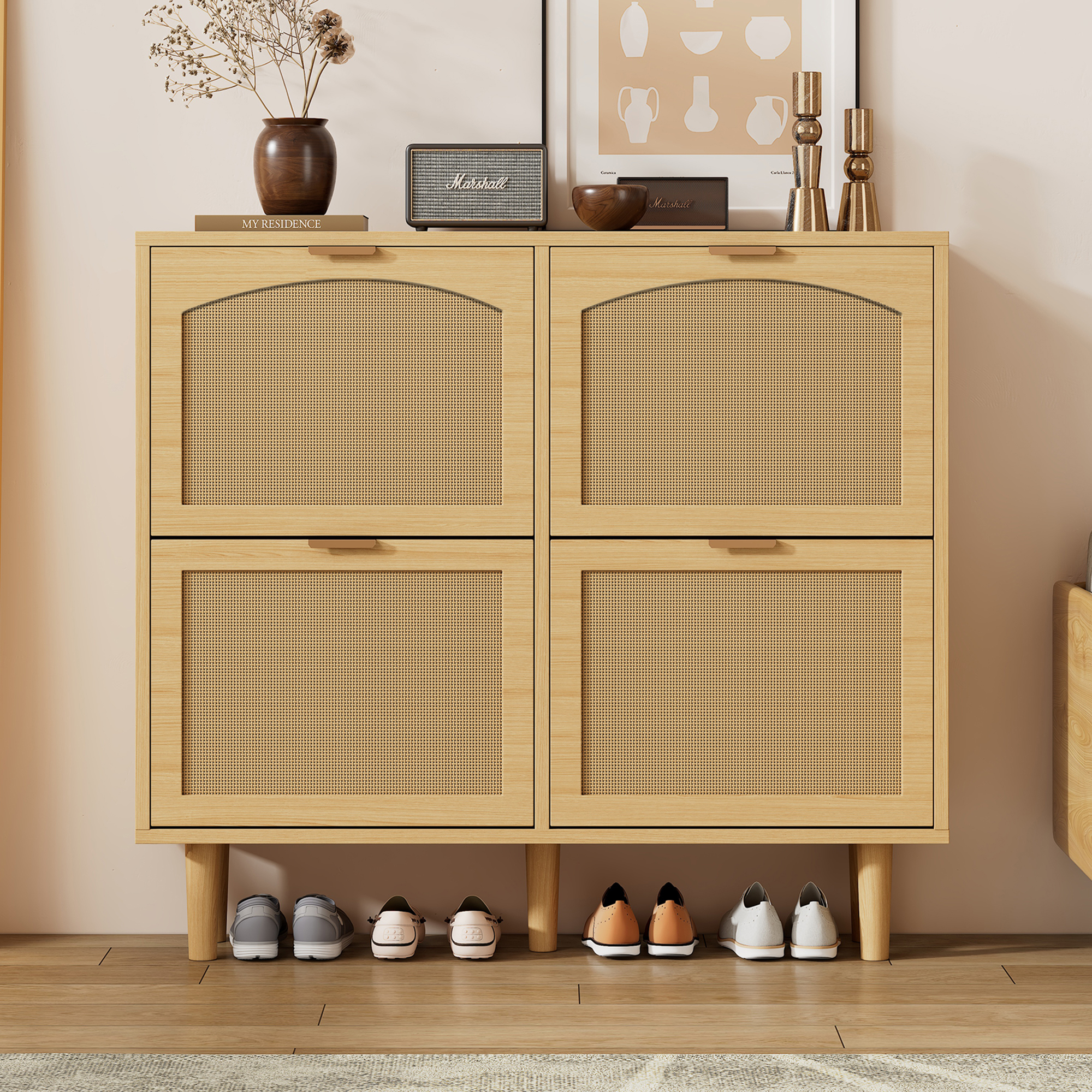 4-Drawer Narrow Rattan Shoe Cabinet, Farmhouse Slim Shoe Storage Cabinet, Space-Saving Storage For 16   Pairs, 10 0 X 25 X 90 Cm, Light Oak