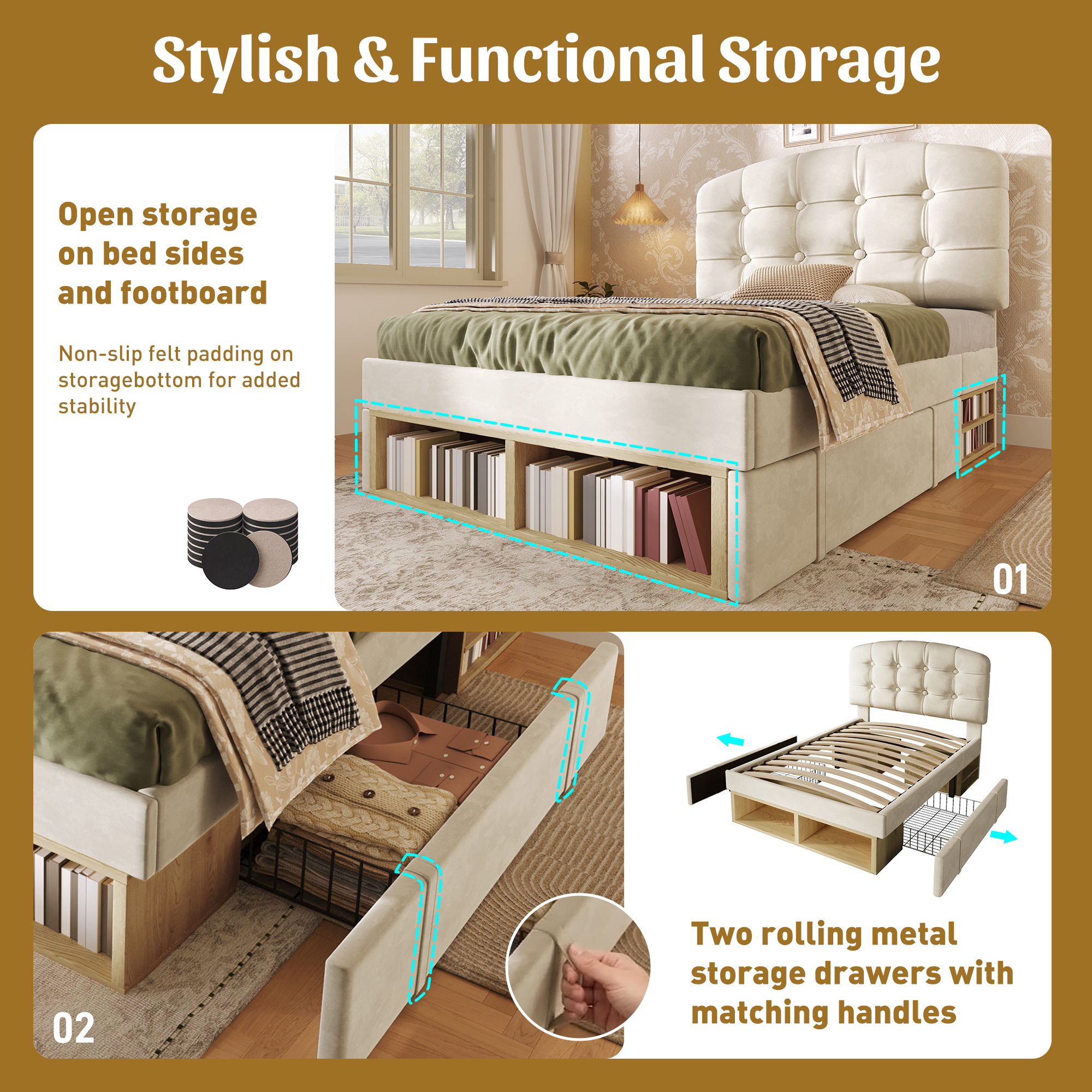 Upholstered Single Bed With Storage Compartments And Drawers, 3ft Single Bed With Adjustable Headboard, 90 X 190 Cm, Velvet, Beige   No Mattress