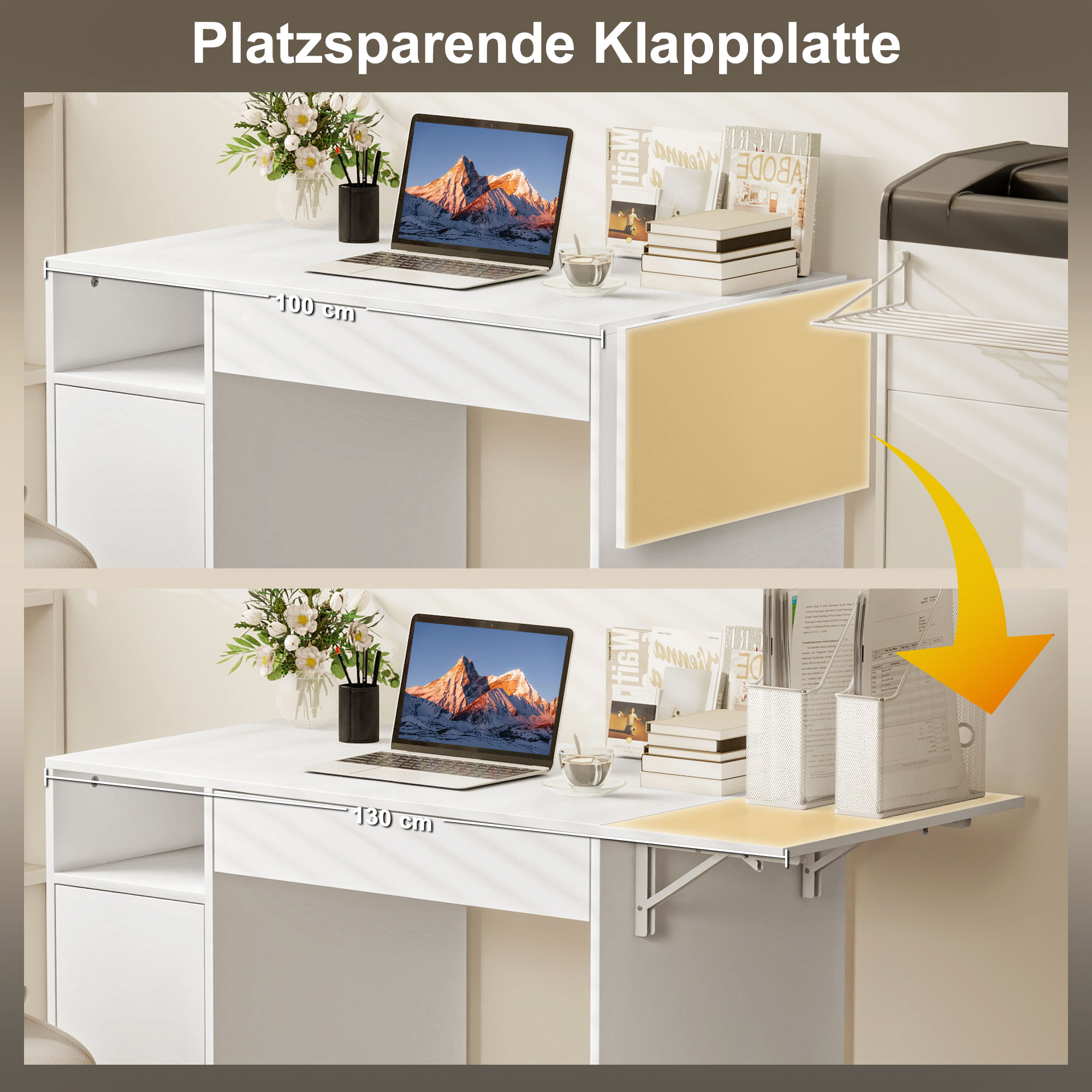 Rollbarer Computertisch, Klappbarer Schreibtisch Mit Schrank Und Schublade, Spanplatte, Weiß