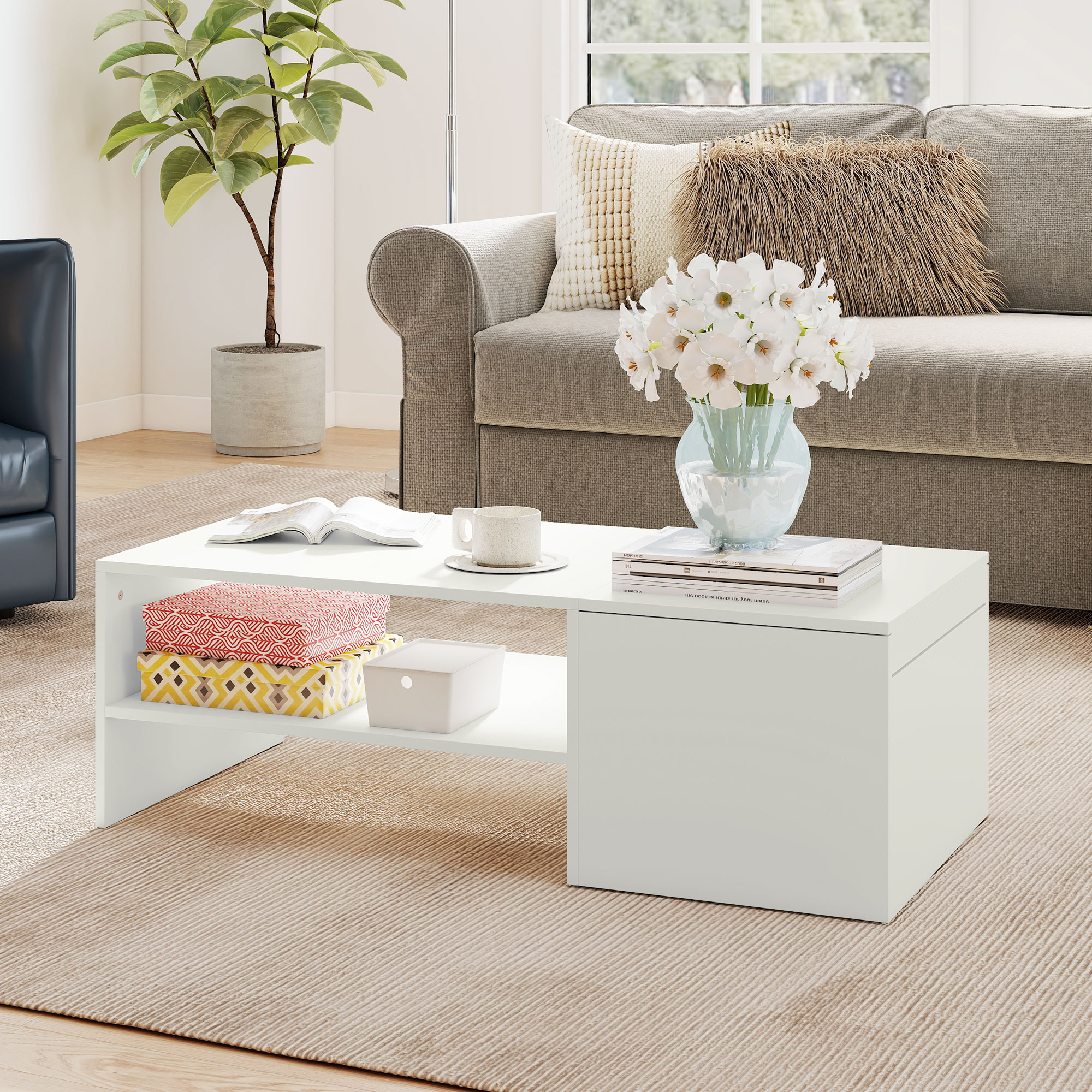 Verstellbarer Couchtisch, Metallschienen, Spanplatte, Fußpads, Weiß