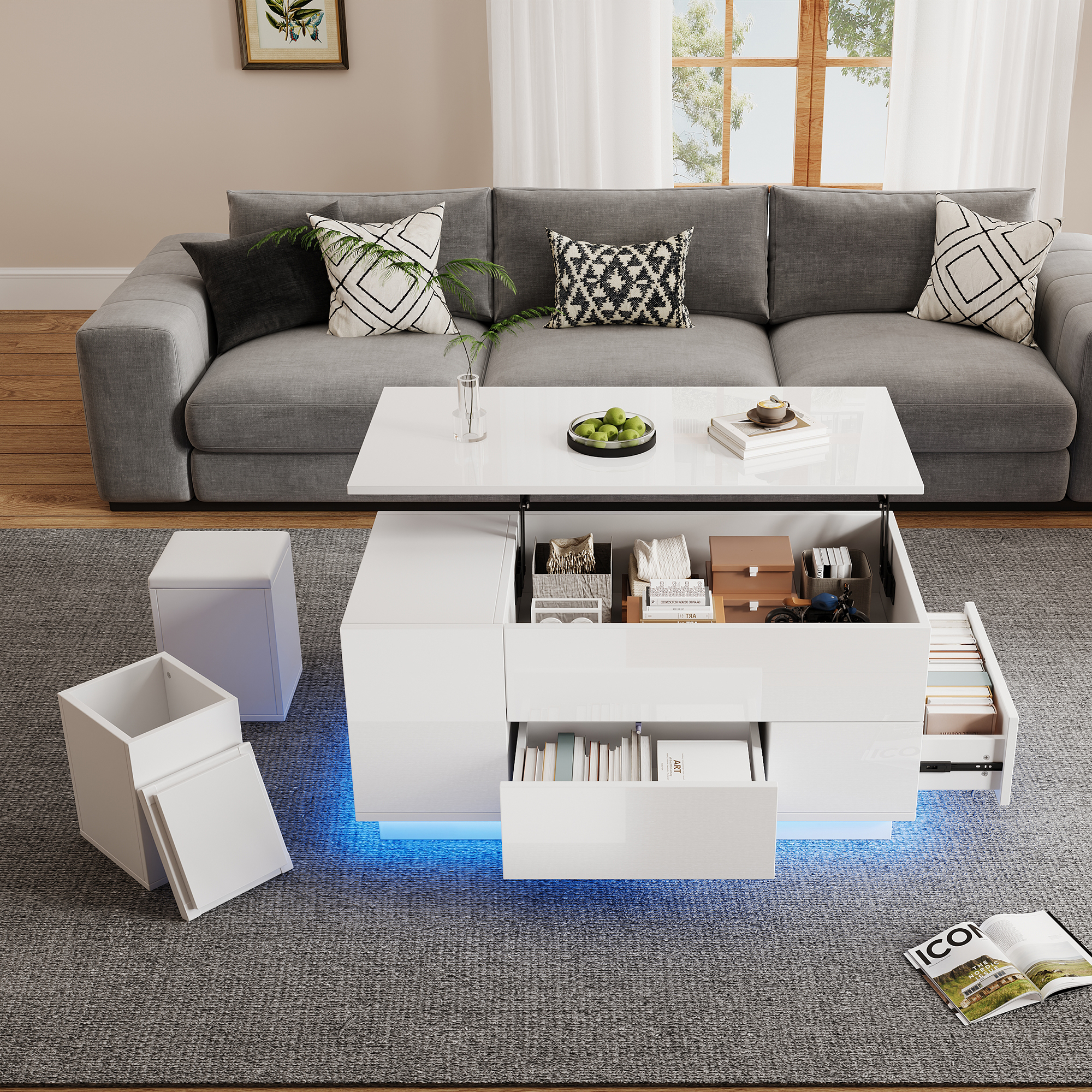 100x50x45cm Coffee Table 4-in-1 Height-Adjustable Sofa Table With LED, Coffee Table With 2 Drawers, High-Gloss Table With Sofa And 2 Stools, Side Table With Hidden Storage Space