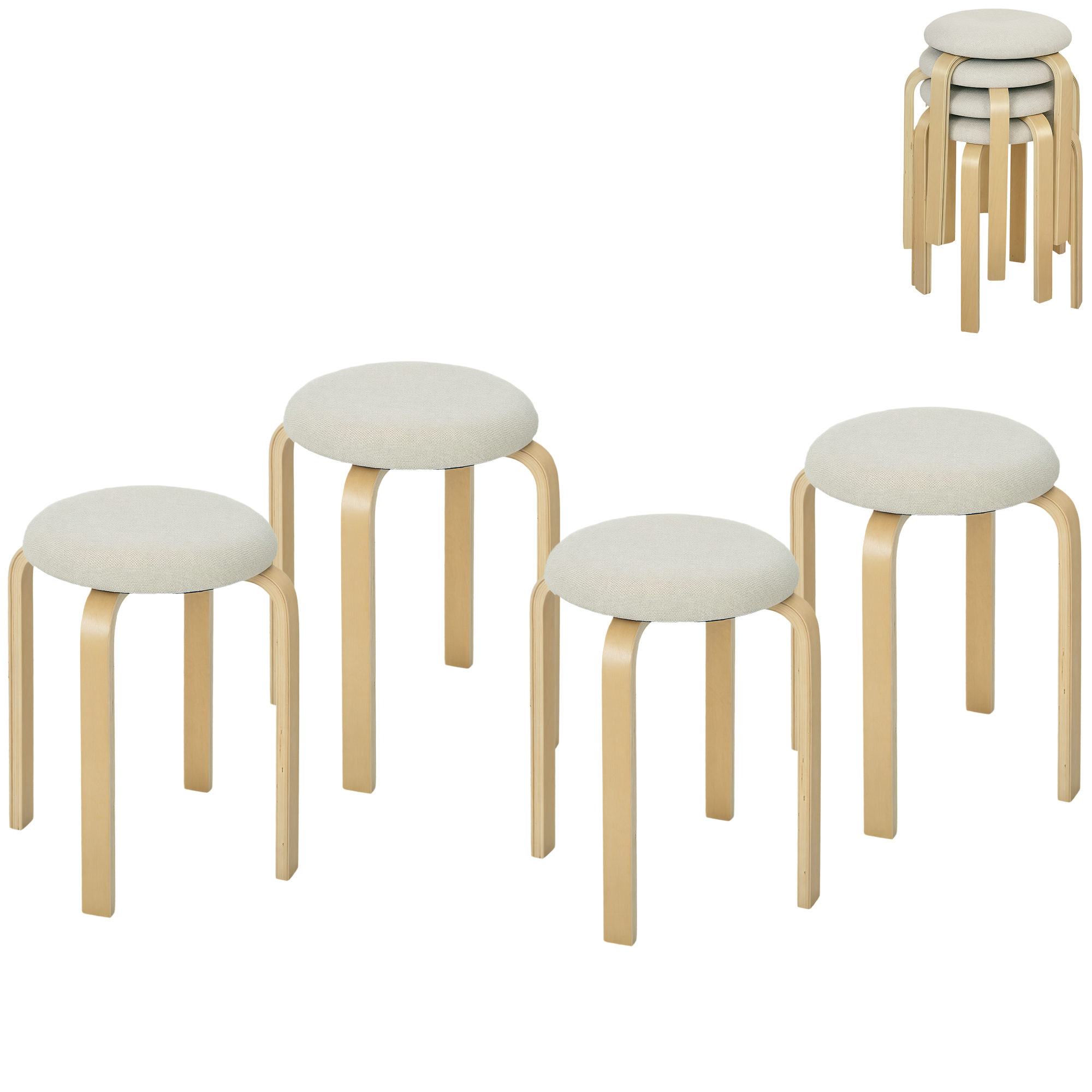 Polsterhocker Im 4er-Set, Stapelbar, Lackierte Oberfläche, Holzbeine, Cremeweiß
