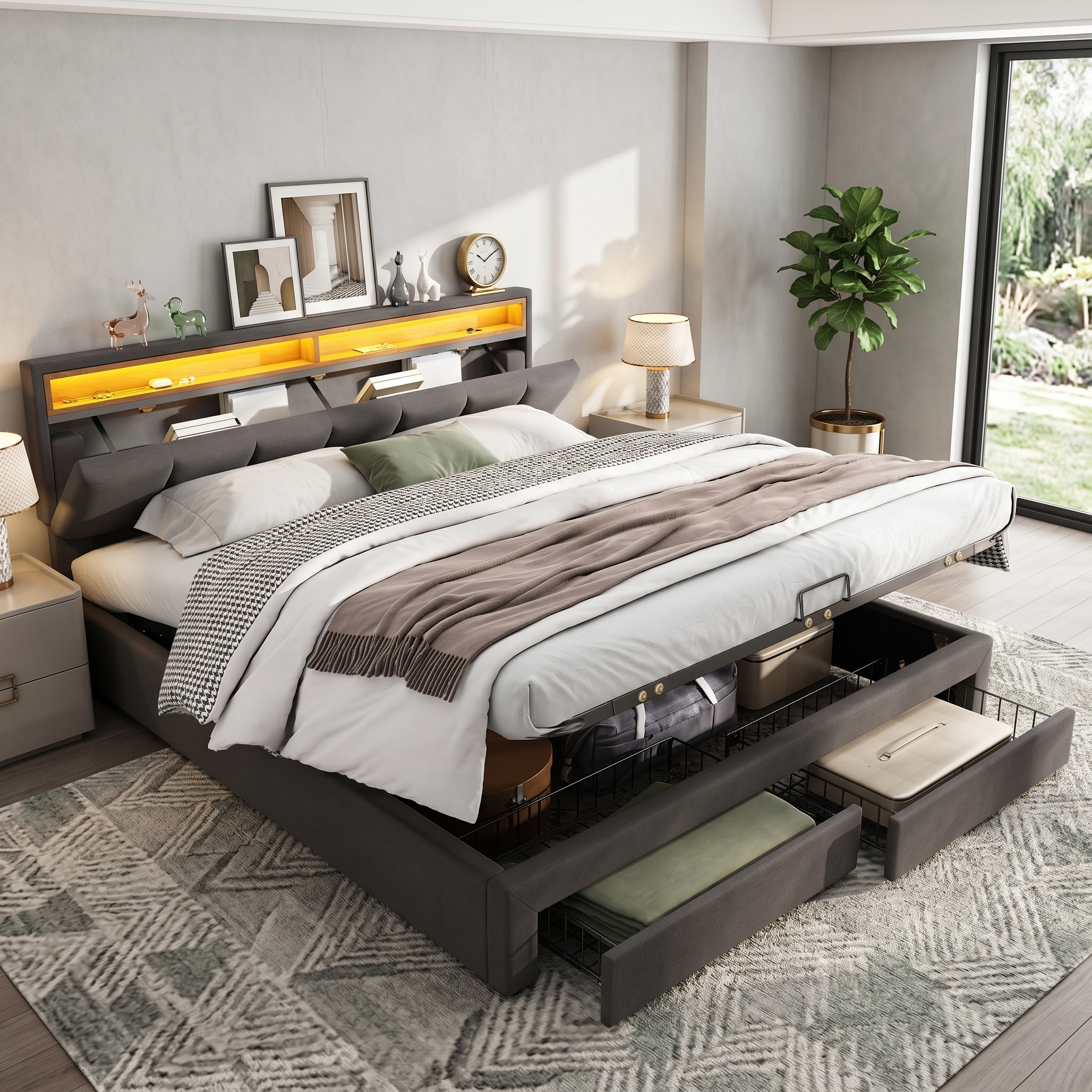 Upholstered Bed With LED Lighting, Super King Bed-6ft  180x200  ,hydraulic Storage Bed With Bed Box, Drawers And Storage Compartments, Stowable Foam Headboard, Double Bed With Steel Frame, Linen, Grey