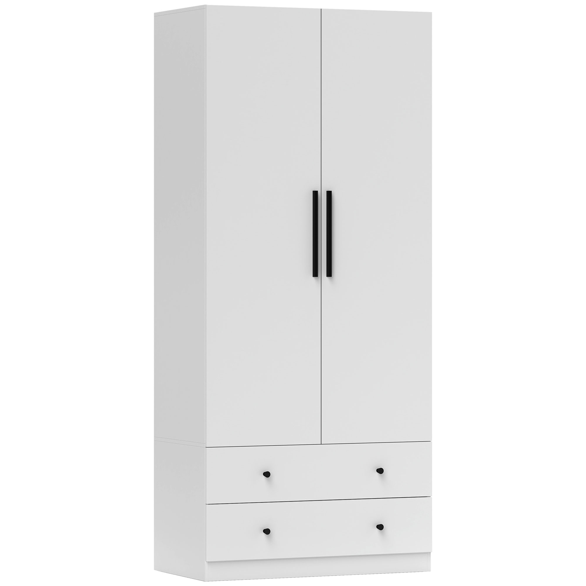 Kleiderschrank, 2 Türen, Hängebereich, Kleiderstange, 2 Schubladen, MDF, Weiß