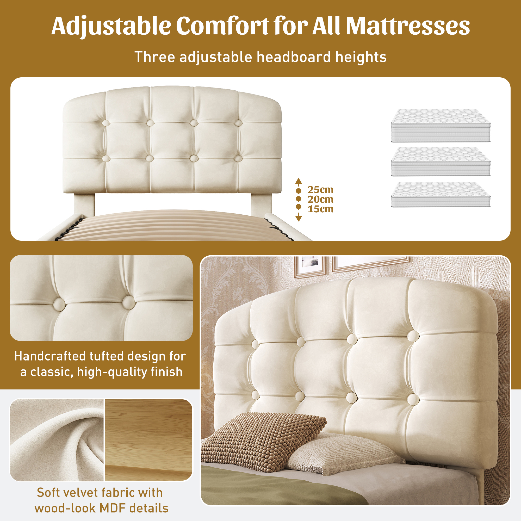 Upholstered Single Bed With Storage Compartments And Drawers, 3ft Single Bed With Adjustable Headboard, 90 X 190 Cm, Velvet, Beige   No Mattress