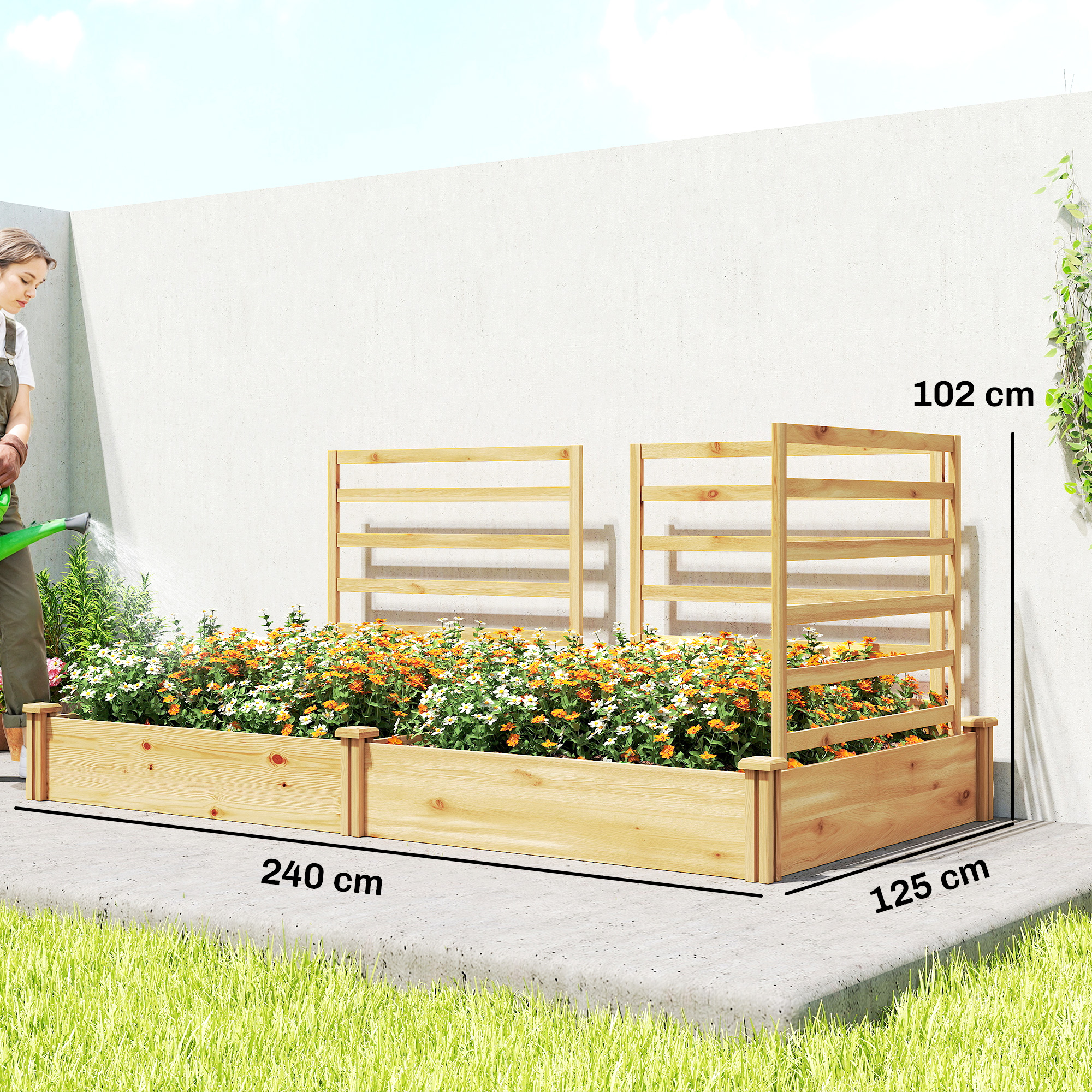 Hochbeet Mit Rankgitter Holz Blumenkasten Mit 3 Spalier Trennwand Offenem Boden 240 X 125 X 102 Cm Naturholz