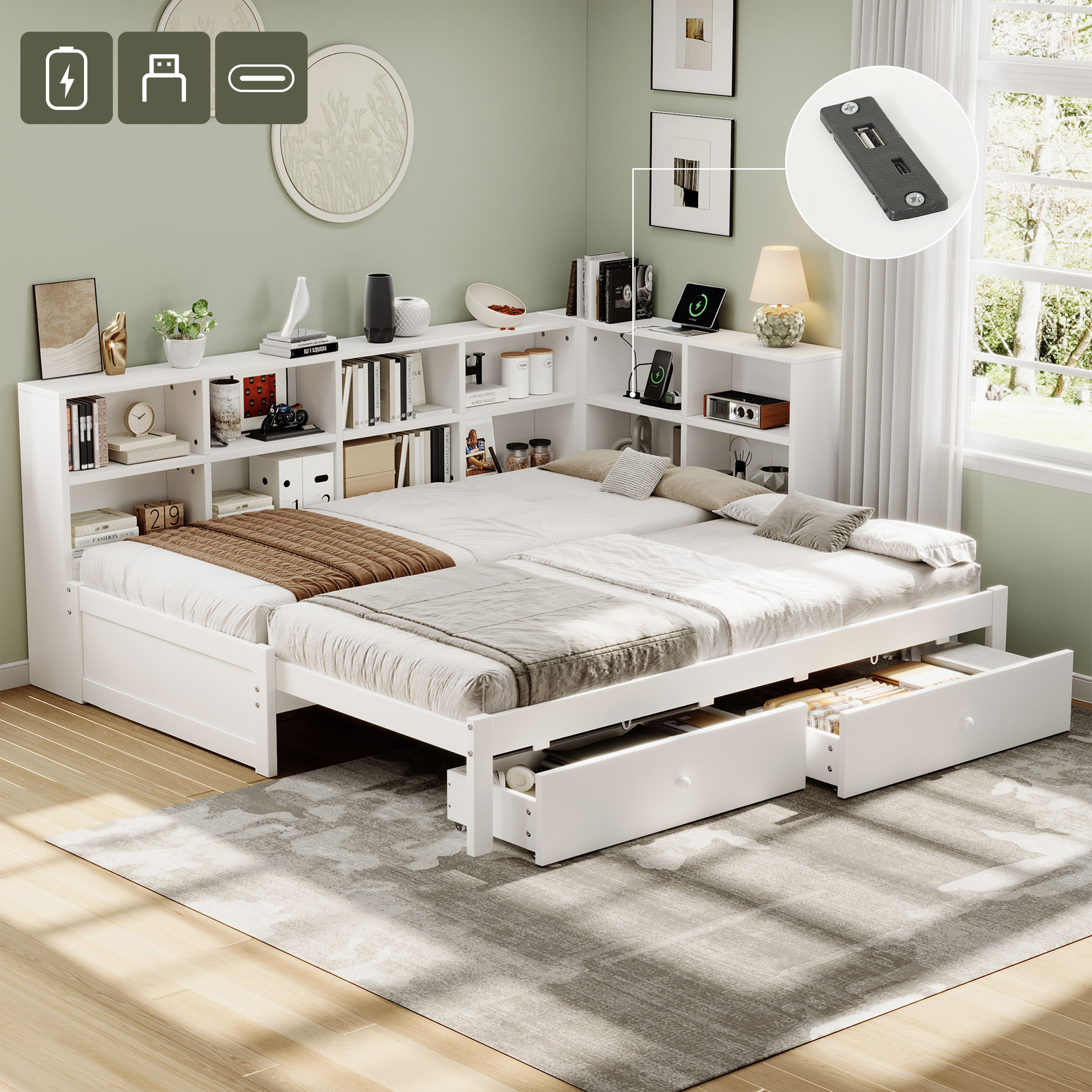 3ft Single Daybed With Two Storage Drawers And Beside Storage, Modern Pull-out Trundle Bed With Charging Station, Wood Bed For Living Room   Bedroom   Study Room, 90X190cm, White   No Mattress