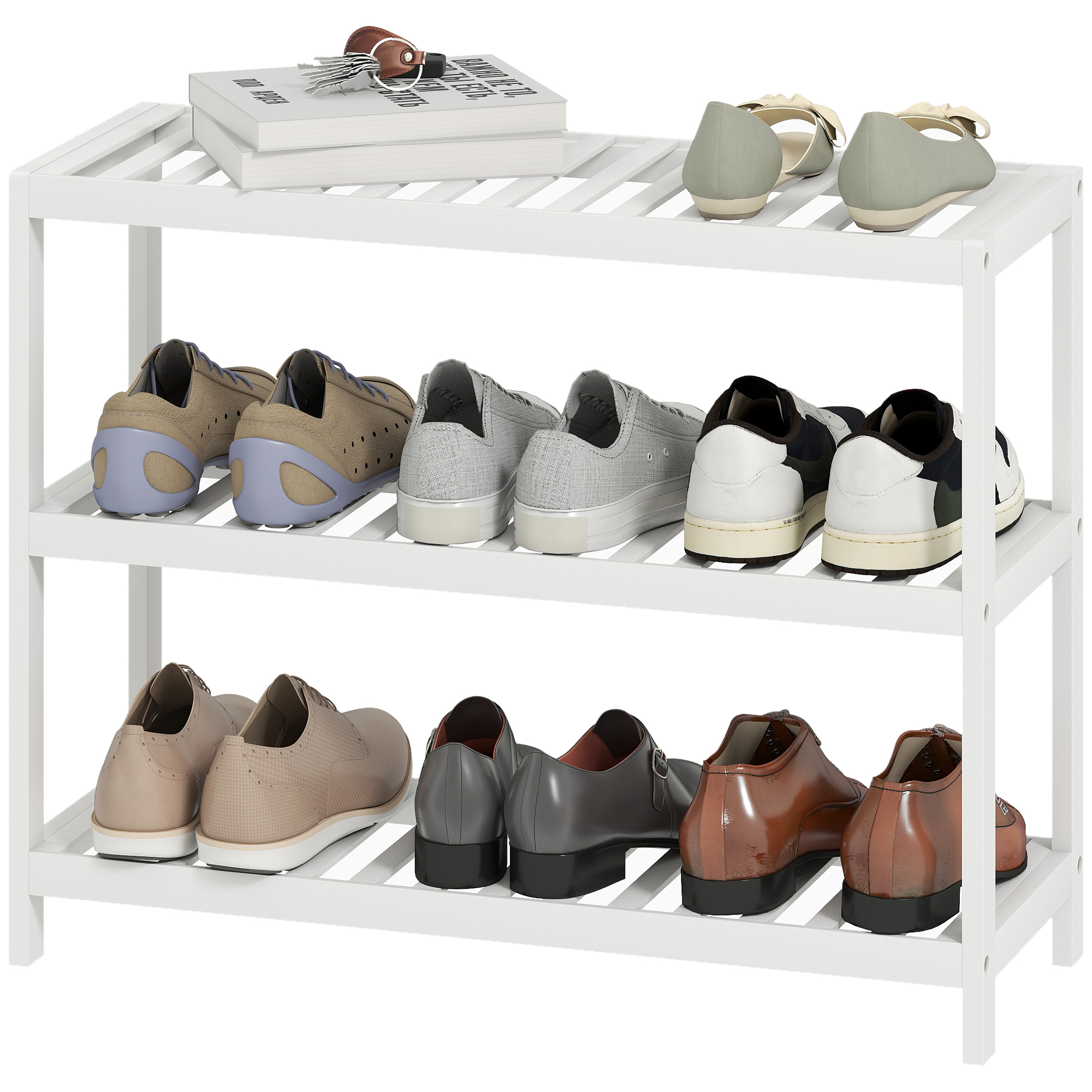 3-stufiges Bambusregal, Schuhregal, Aufbewahrungsregal, Lackierte Oberfläche, Weiß