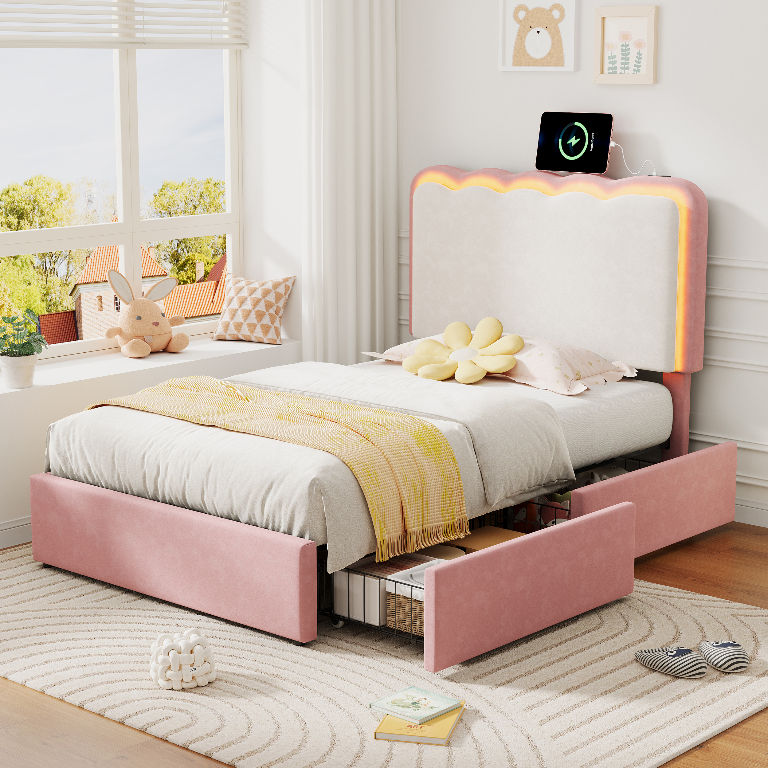 3ft Single Upholstered Bed With Adjustable LED Wavy Headboard, Soft Velvet Bed Frame With 2 Storage Drawers, Bed Frame With Solid Wood Slat, Easy Assembly,  Cream White   No Mattress