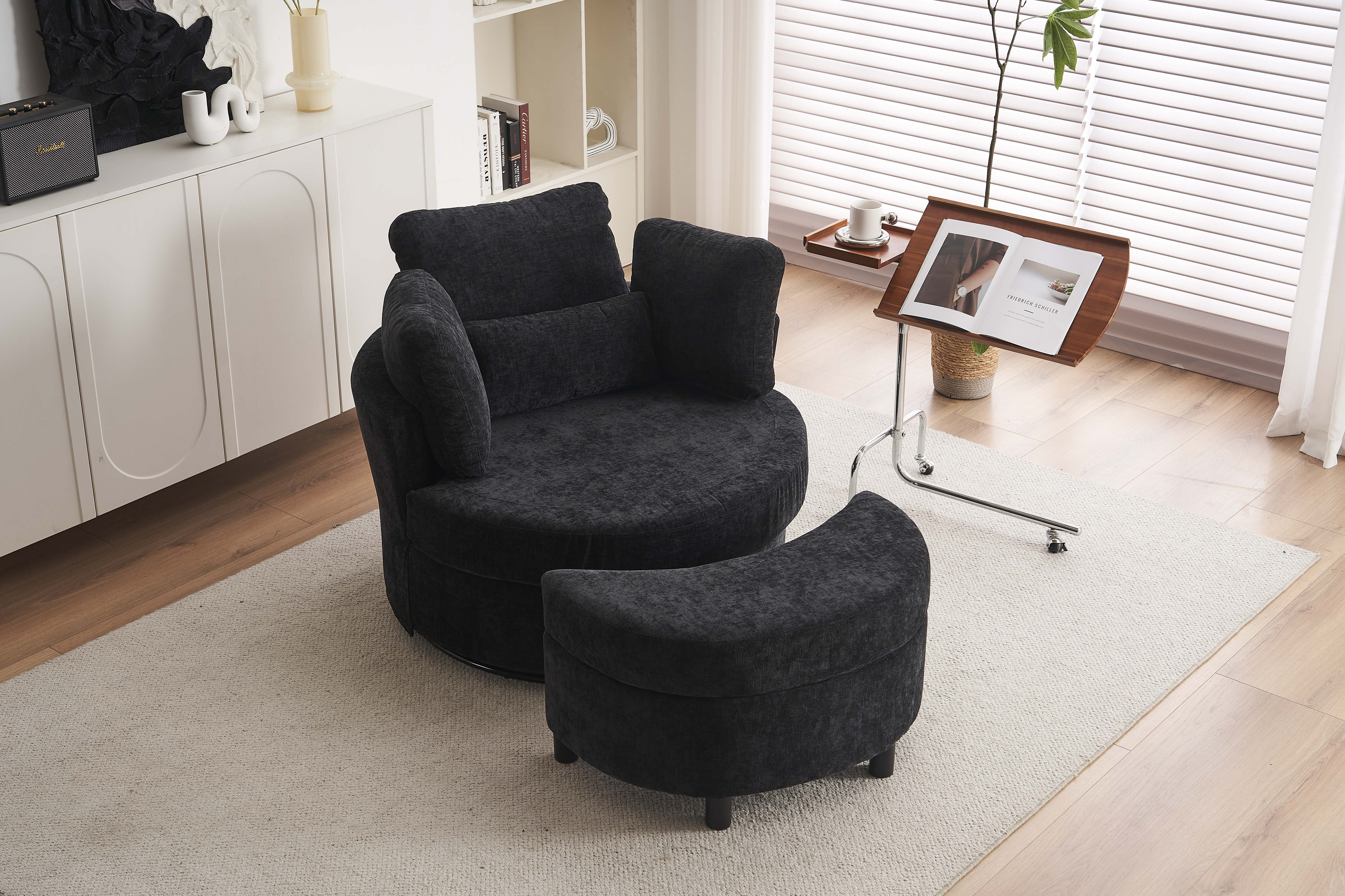 Chenille Swivel Armchair With 3 Back Cushion Pillow Ottoman Crescent Stool, Black
