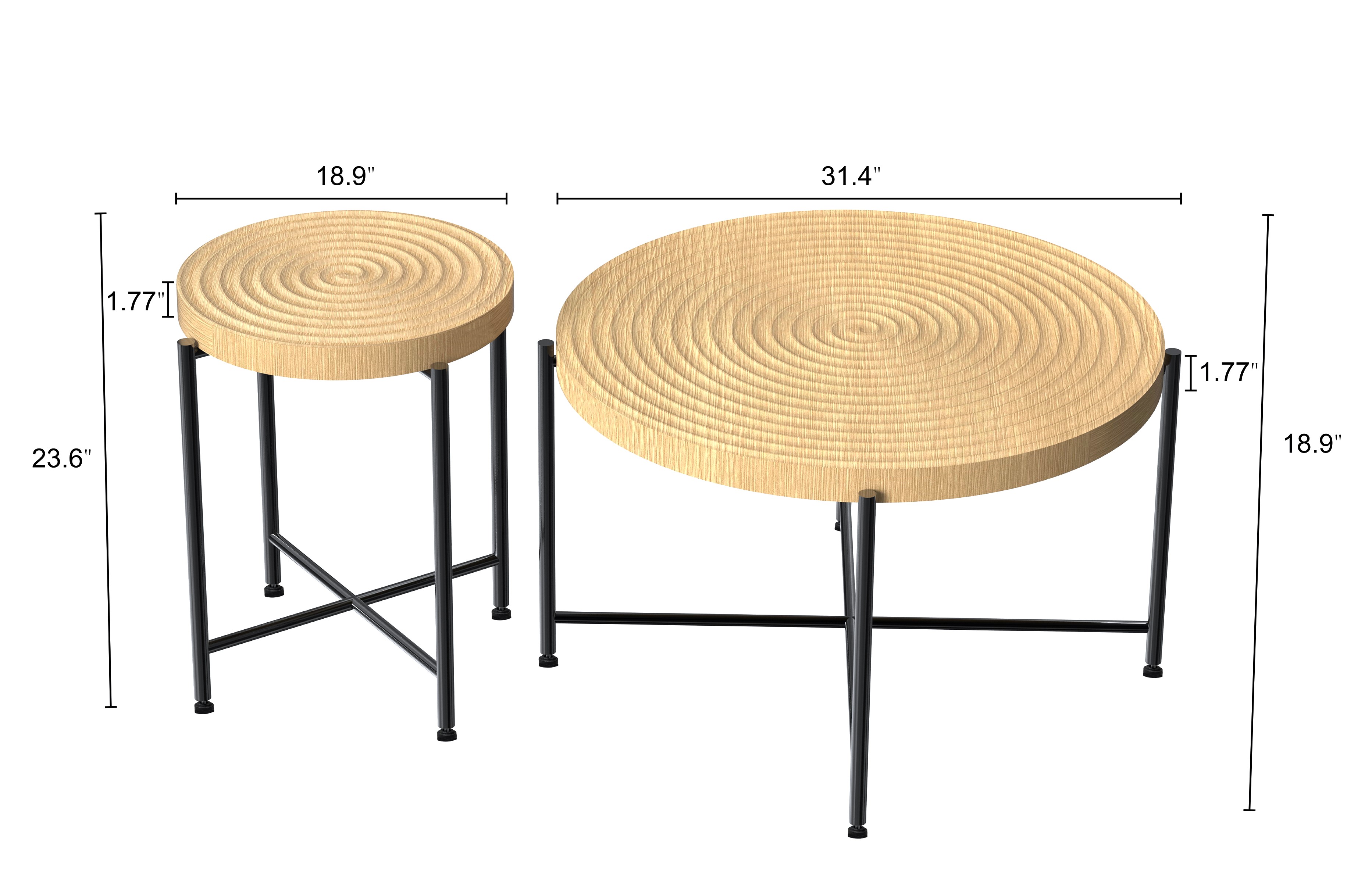 2-Piece Coffee And End Table Set -Waterproof MDF With PVC Cover, Distressed Cylindrical Design, Black Metal Legs -Classic Rustic Charm, Technical Wood