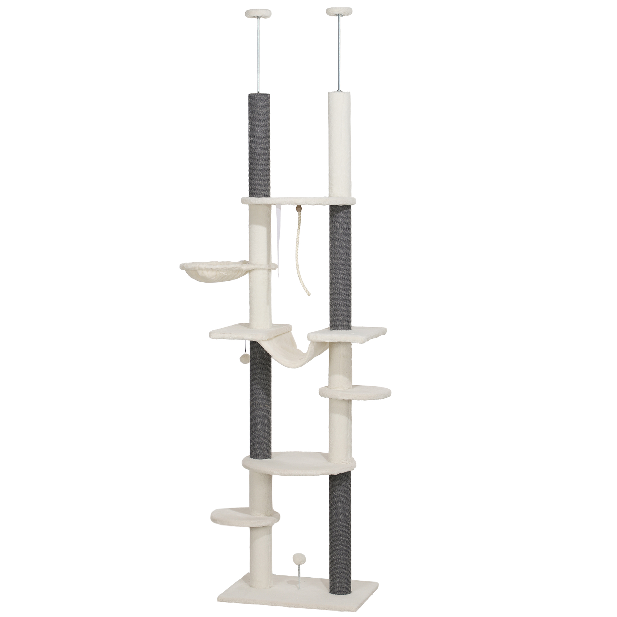 Kratzbaum, Deckenhoch, Verstellbar 225-255 Cm, Plattformen & Hängematten, Kippschutz, Weiß