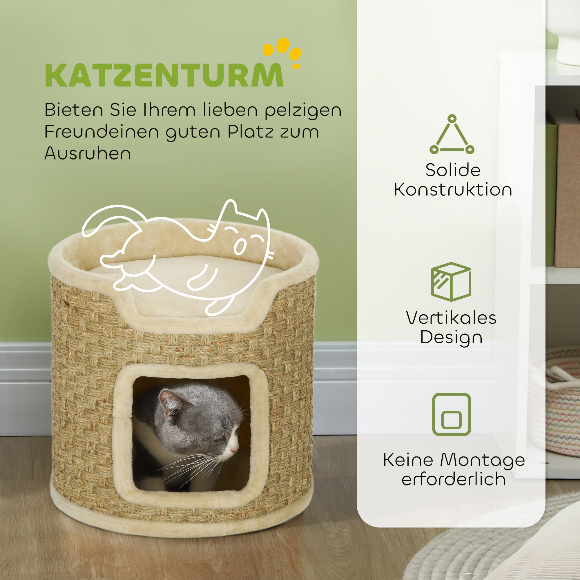 Katzenkratzbaum, Spiel- Und Entspannungsbereich, Plüsch, Φ38 X 37H Cm, Khaki-Beige, Bis Zu 5 Kg