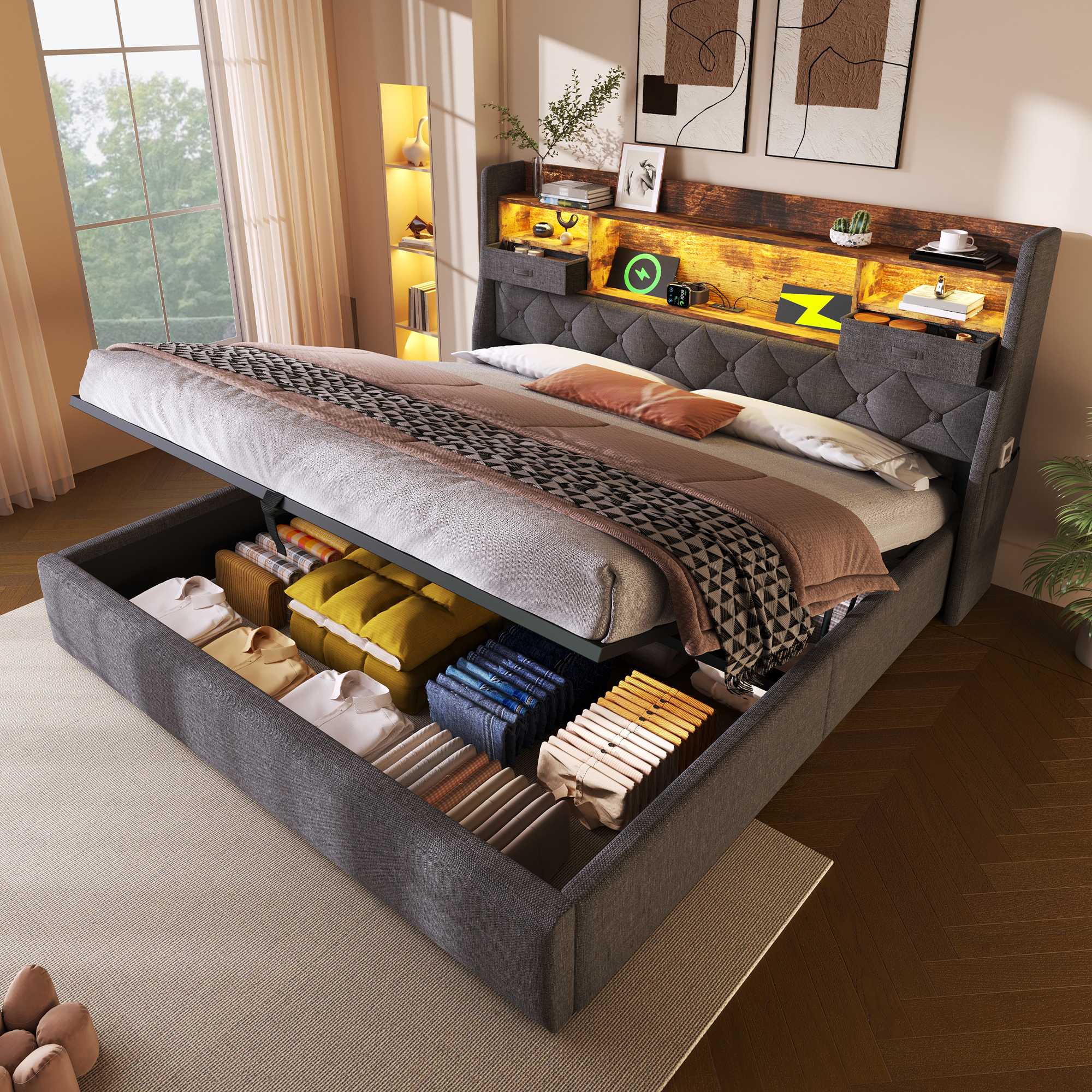 Upholstered King Bed 5ft Hydraulic Bed With LED Lighting, USB Type-C Charging, Storage Headboard For Cellphones & Tablets, 150 X 200 Cm King Bed With Metal Slatted Frame, Linen, Grey   No Mattress