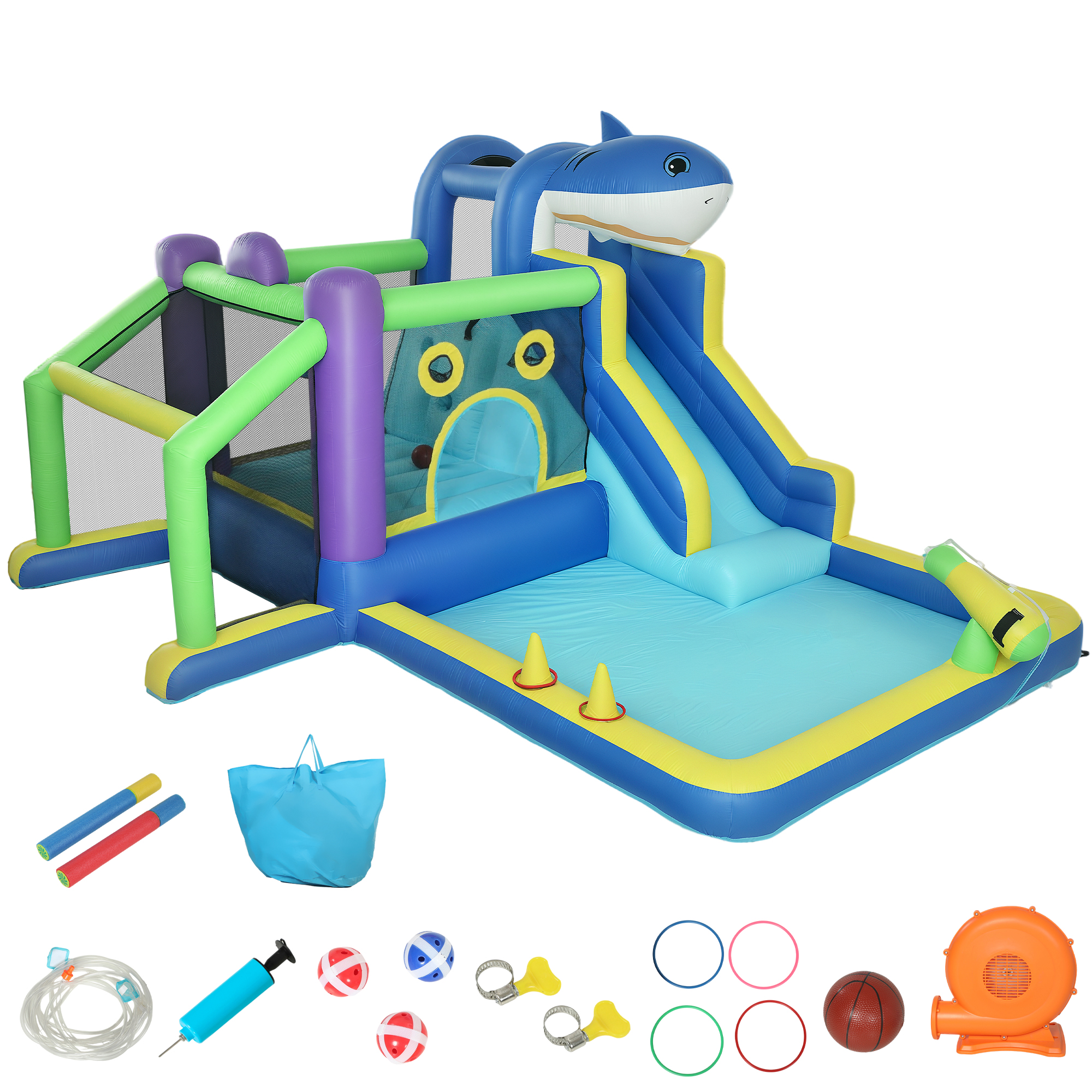 8-in-1 Aufblasbar Hüpfburg Mit Hai-Design Gebläse Rutsche Planschbecken Trampolin Für 3–8 Jahre 405x345x235cm Mehrfarbig