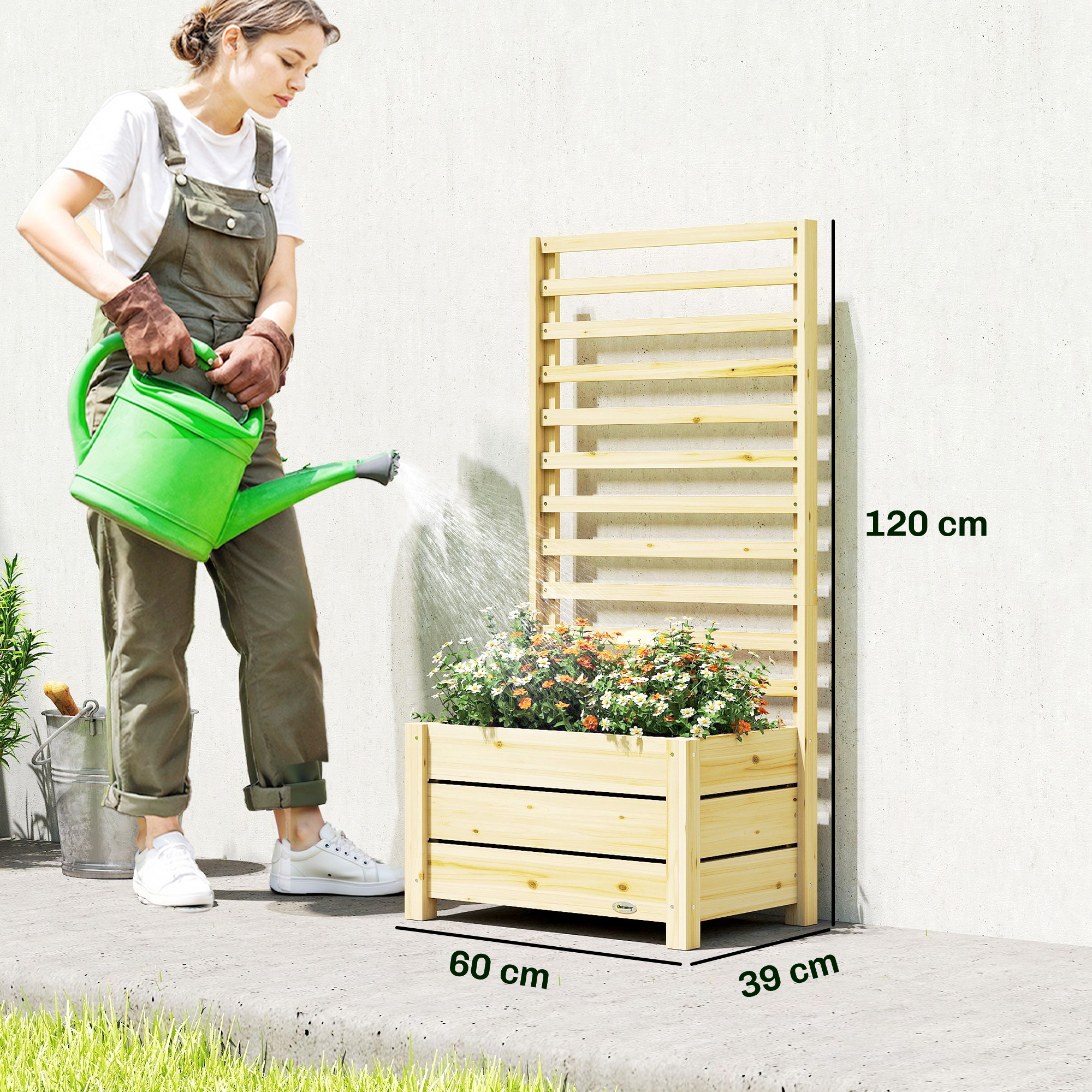 Hochbeet Mit Rankgitter Holz Erhöhter Blumenkasten Mit Spalier Abflussloch Vliesstoff 60 X 39 X 120 Cm Naturholz
