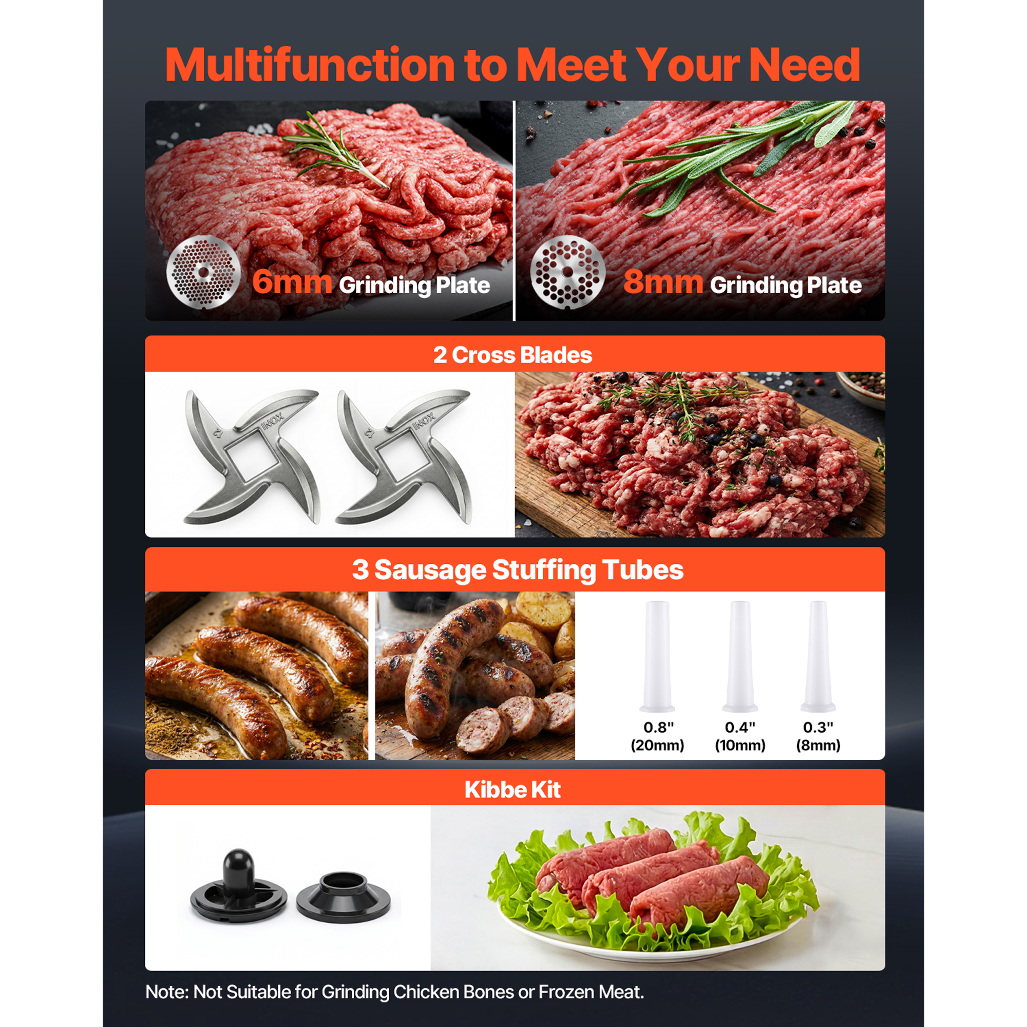 Commercial Meat Grinder, 9.2 Lbs Min Capacity, 12 Electric Meat Mincer With 2 Plates, 3 Sausage Stuffing Tubes & Kibbe Kit, 750W 1HP Sausage Maker For Home Kitchens & Restaurants, ETL Listed image 3