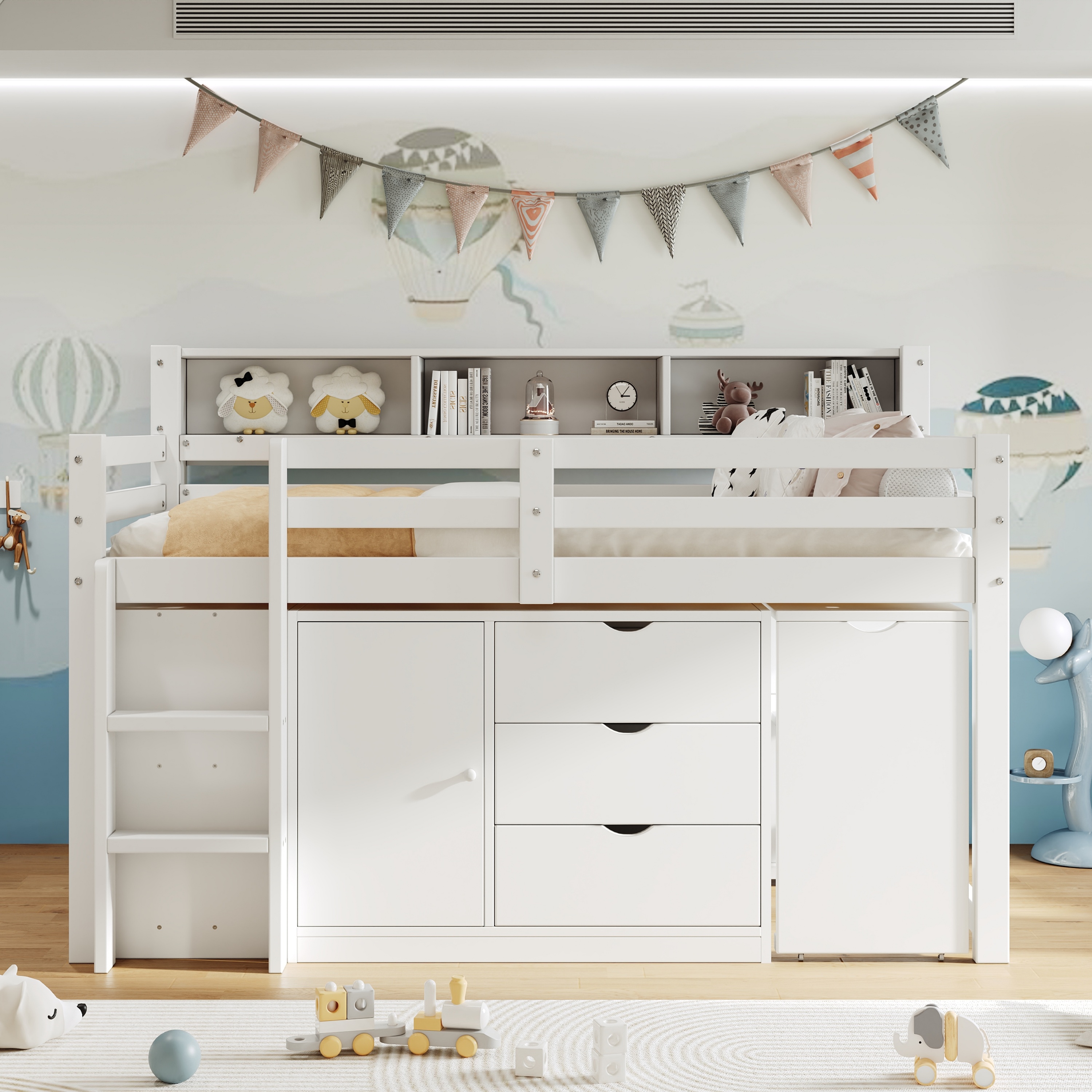 3ft Single Wooden Storage Bed With Pull-out Desk, Modern Wood Bed With Three Drawers, Storage Cabinet & Headboard Shelves, Space-saving Design With Storage Compartment, White   No Mattress