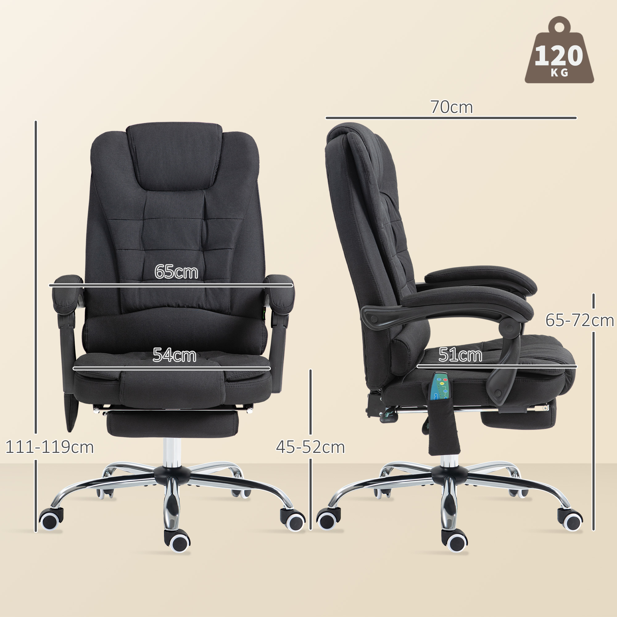 Bürostuhl Mit Massagefunktion, Ergonomischer Schreibtischstuhl Mit Liege- & Wärmefunktion, Höhenverstellbar, Schwarz
