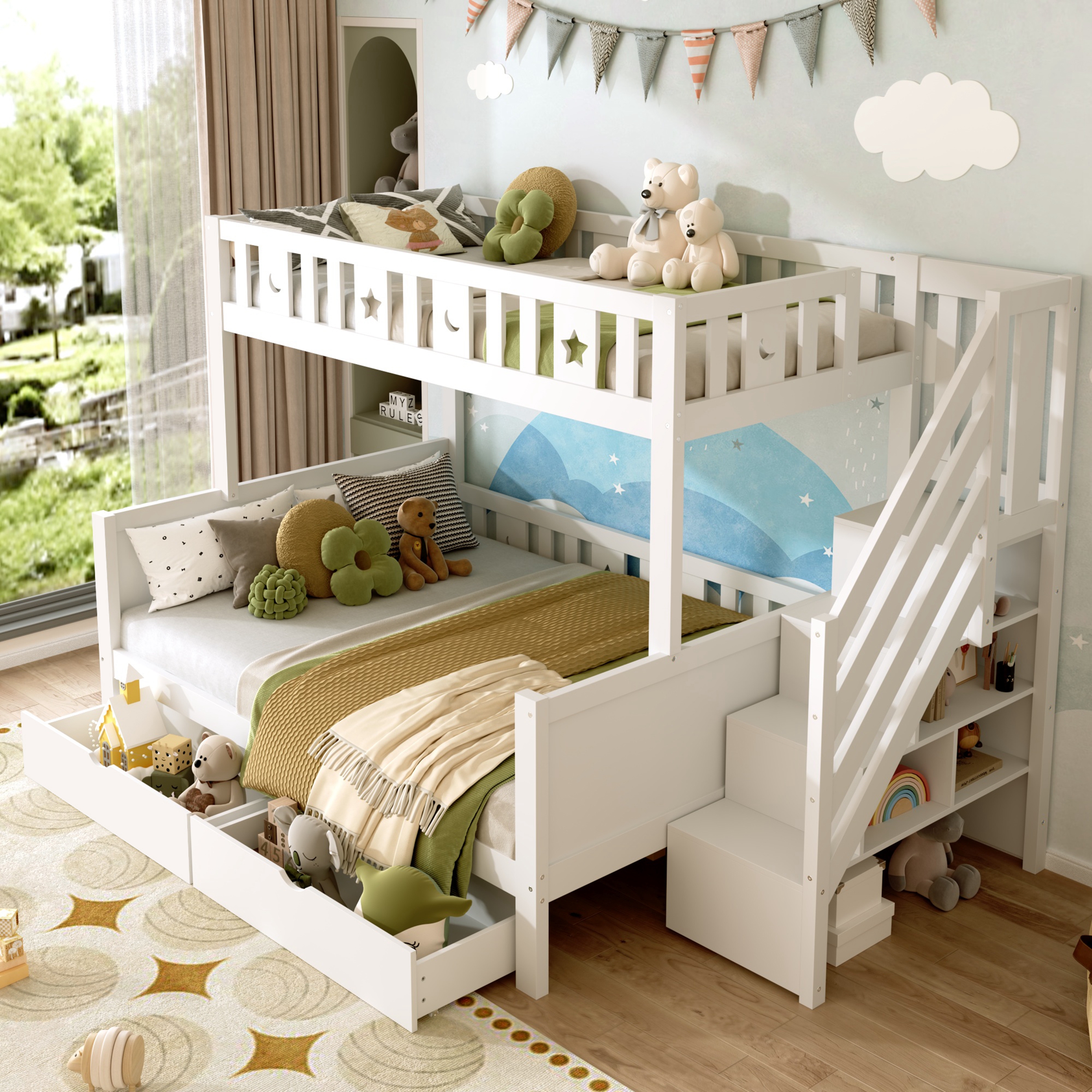Bunk Bed With Two Storage Drawers And Side Hidden Storage Compartments, Solid Wood Loft Bed Frame With Space-Saving Design, Safety Guardrails & Staircase, Star And Moon Motifs, White   No Mattress