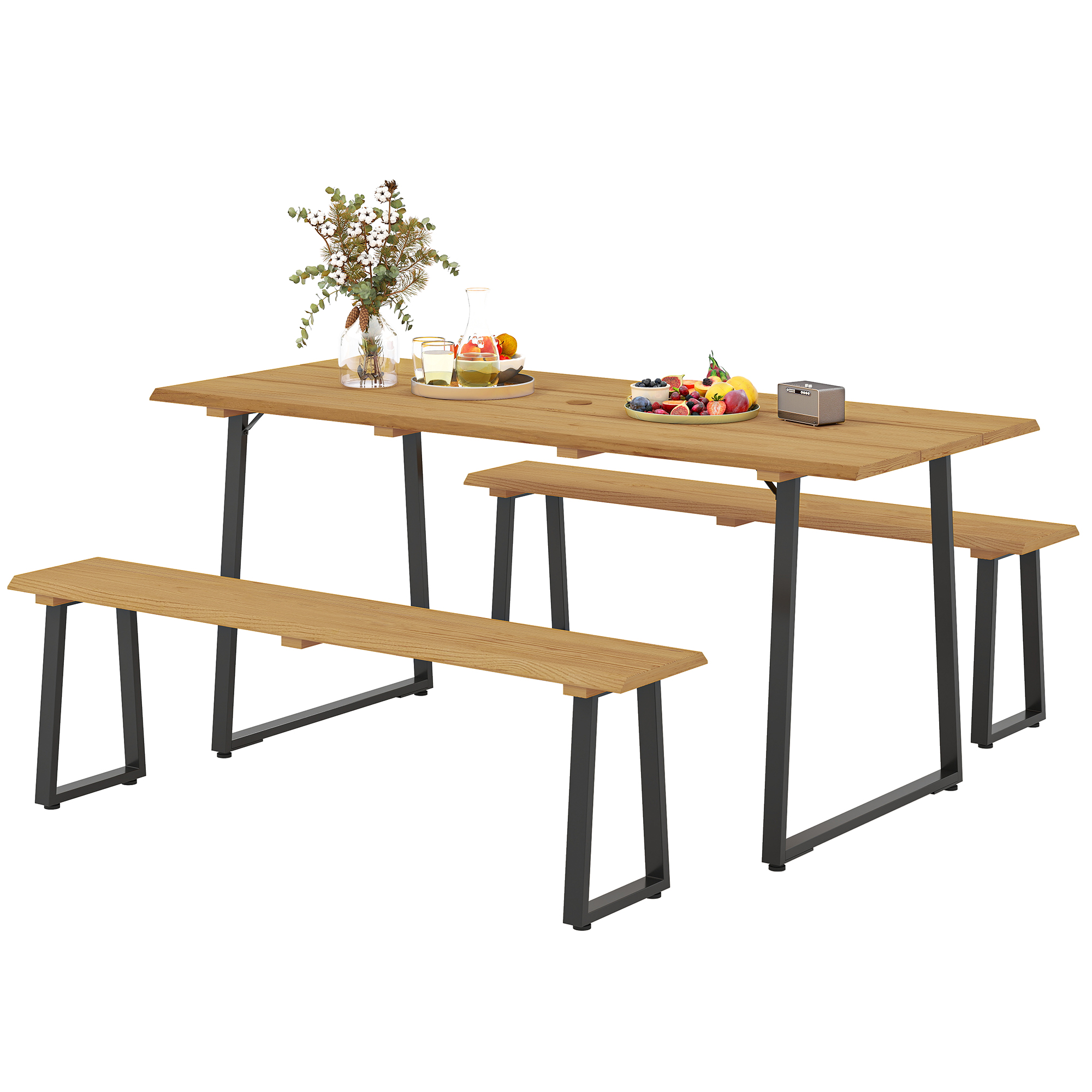 Sitzgruppe 3-teilig Holz Essgruppe Für 6 Personen Esstisch Mit 2 Bänke Schirmloch Holztisch 178 X 76 X 77 Cm Naturholz
