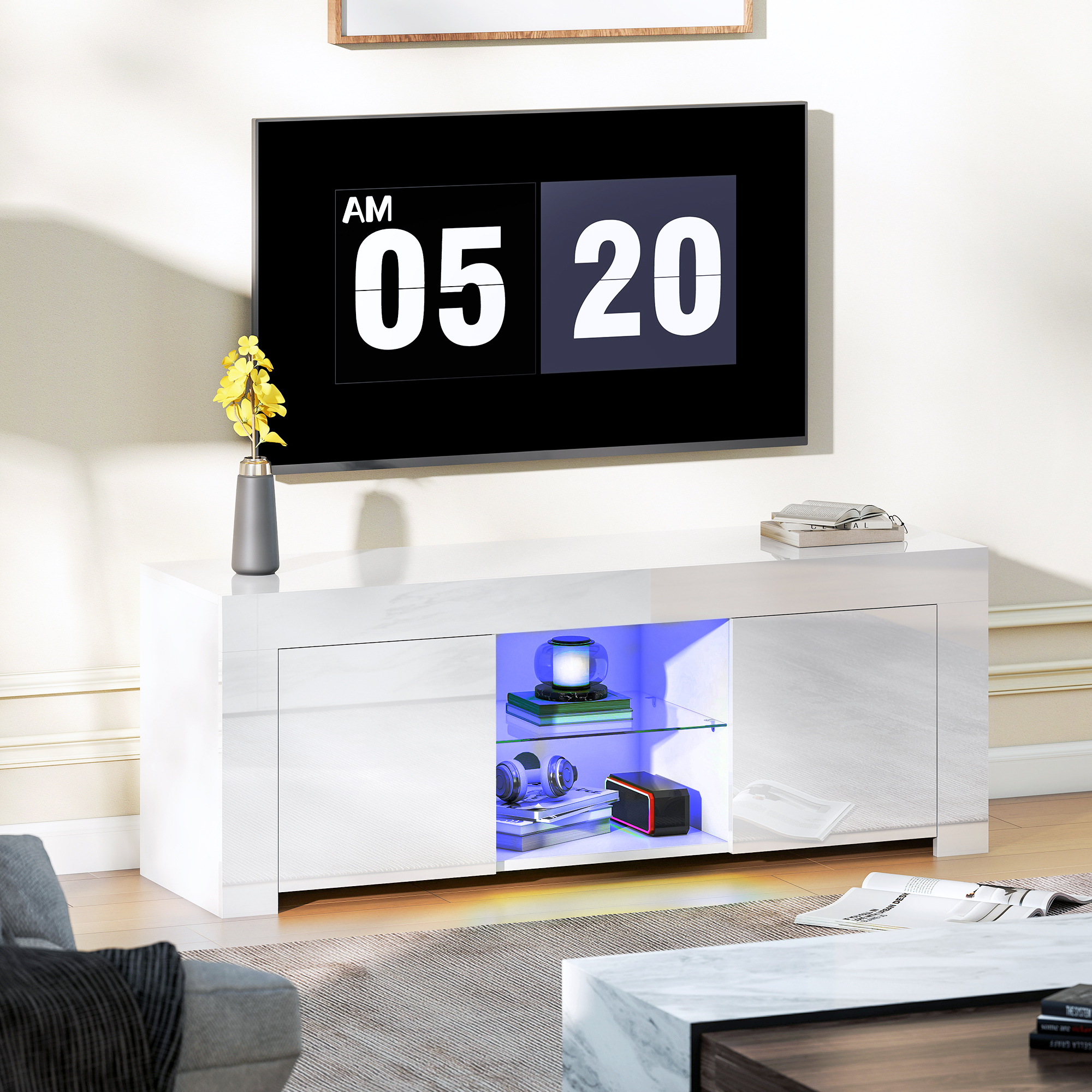 TV-Schrank Mit LED-Beleuchtung, 2 Schranktüren, Glasregal, Kabellöcher, Für Wohnzimmer, Spanplatte, Weiß