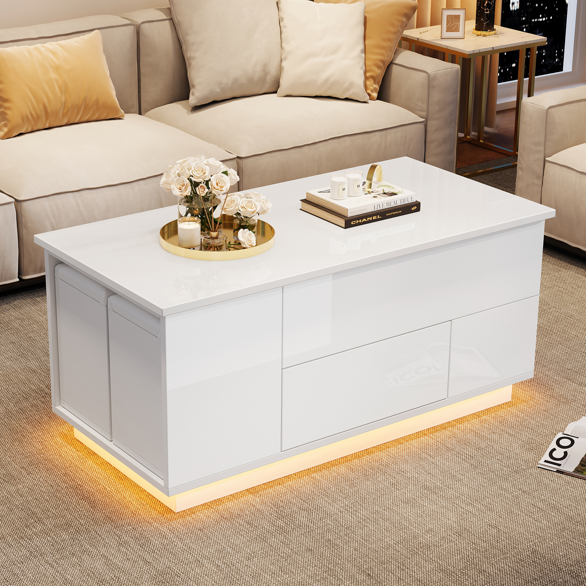 100x50x45cm Coffee Table 4-in-1 Height-Adjustable Sofa Table With LED, Coffee Table With 2 Drawers, High-Gloss Table With Sofa And 2 Stools, Side Table With Hidden Storage Space