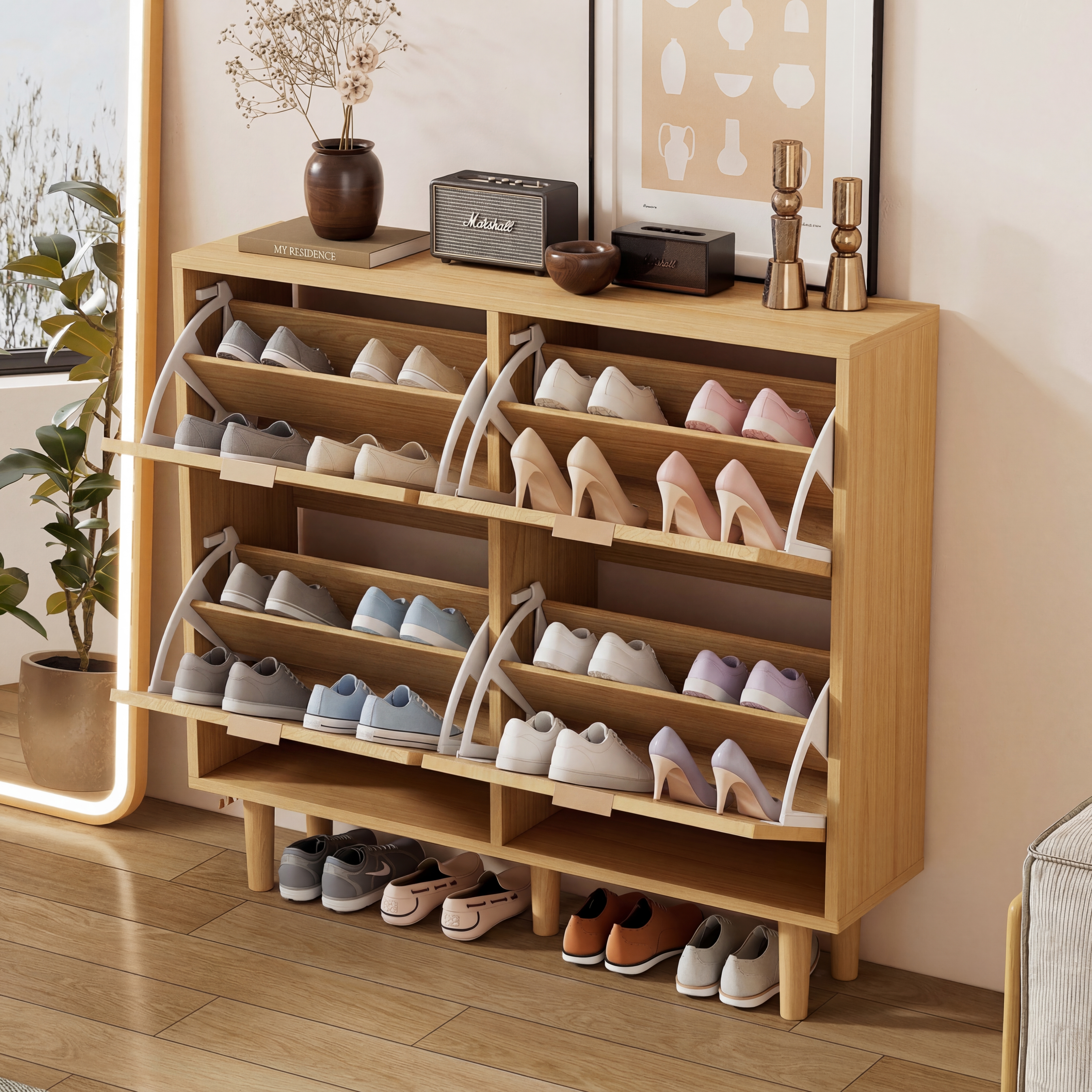Rattan Shoe Storage Cabinet With Adjustable Shelves, 4 Flip Drawers, Elegant Wooden Design, Perfect For Organizing Shoes In The Hallway, Entryway, 10 0 X 25 X 90 Cm, Light Oak