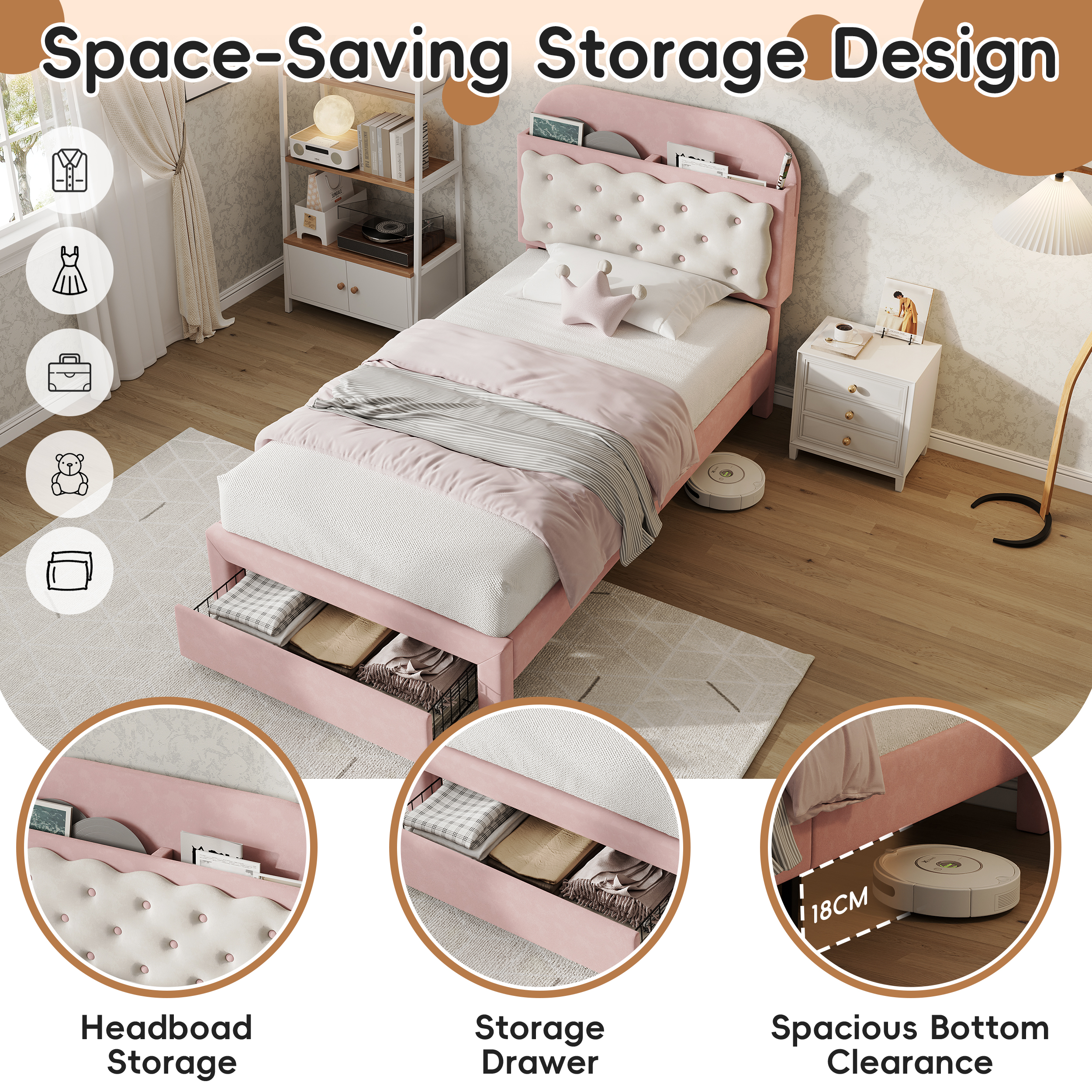 3ft Single Velvet Upholstered Bed Frame, Adjustable Cookie Shaped Storage Headboard With Storage Drawer At Bed End, No Box Spring Needed, Easy Assembly, Cream White   No Mattress