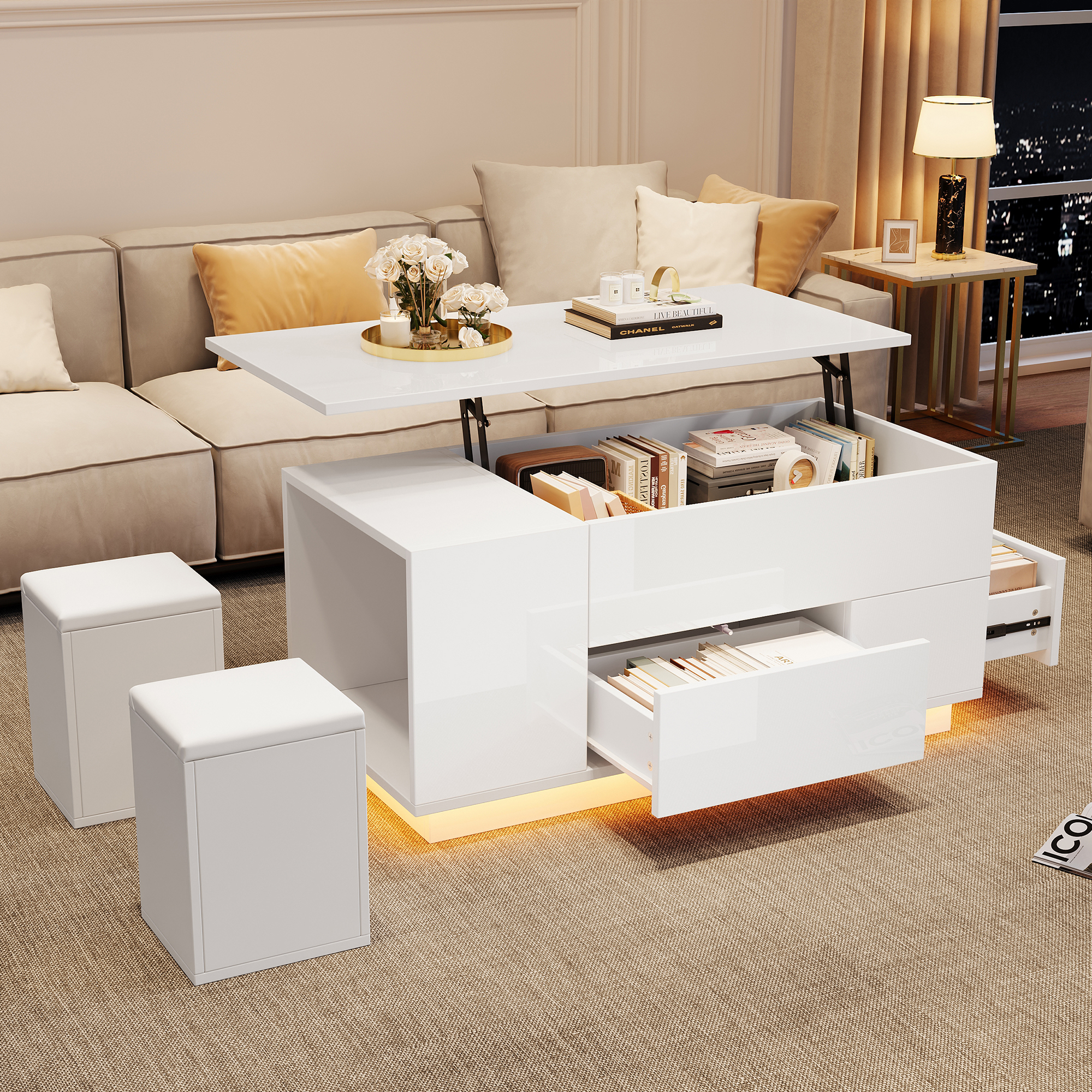 100x50x45cm Coffee Table 4-in-1 Height-Adjustable Sofa Table With LED, Coffee Table With 2 Drawers, High-Gloss Table With Sofa And 2 Stools, Side Table With Hidden Storage Space