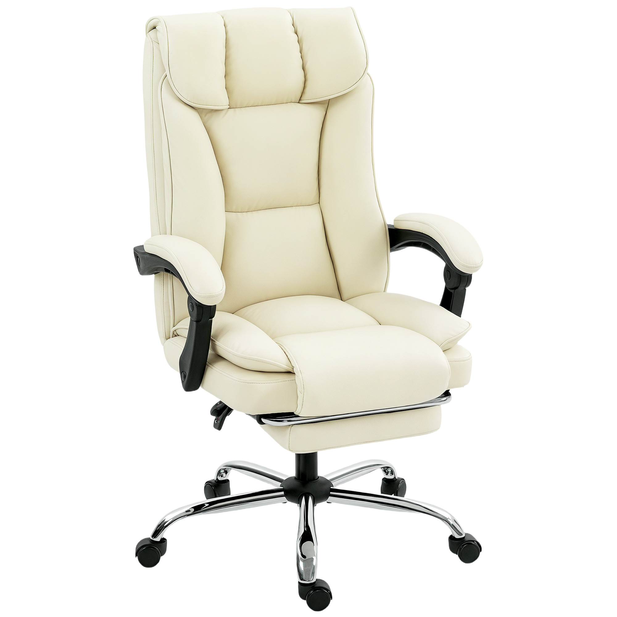 Ergonomischer Bürostuhl Mit Fußstütze, Kunstleder-Bezug, Rollbar, Drehbar, Metall, Beige+Schwarz