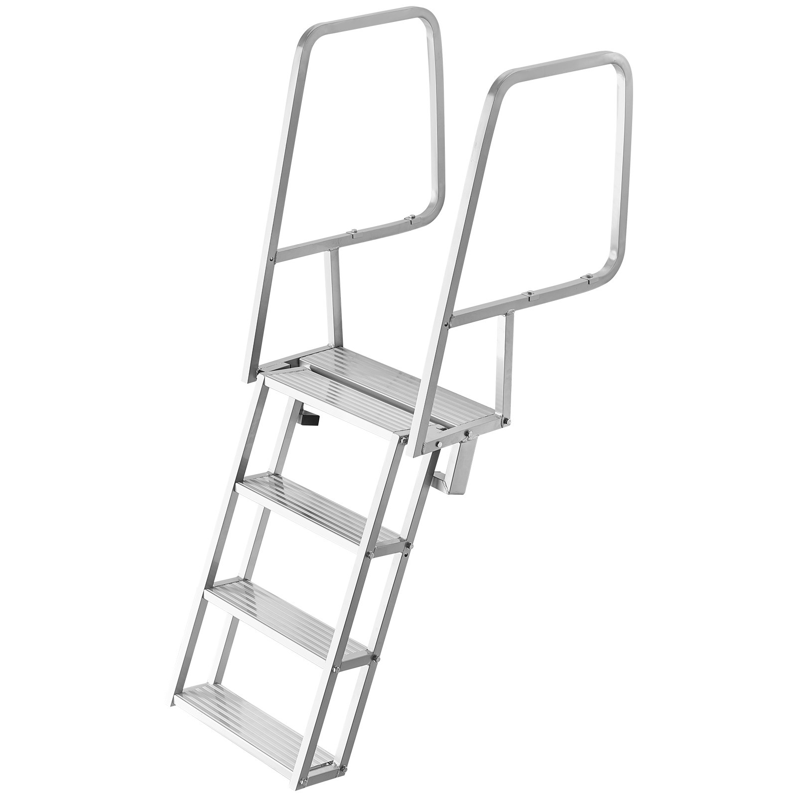 Flip-Up Dock Ladder, 4-Step, Heavy-Duty Aluminum Alloy Pontoon Boat Swim Ladder, With Non-Slip Wide Steps, 350 Lbs Weight Capacity, Pull Rope Assist, Comfort Use For Lake Pool Marine Boarding