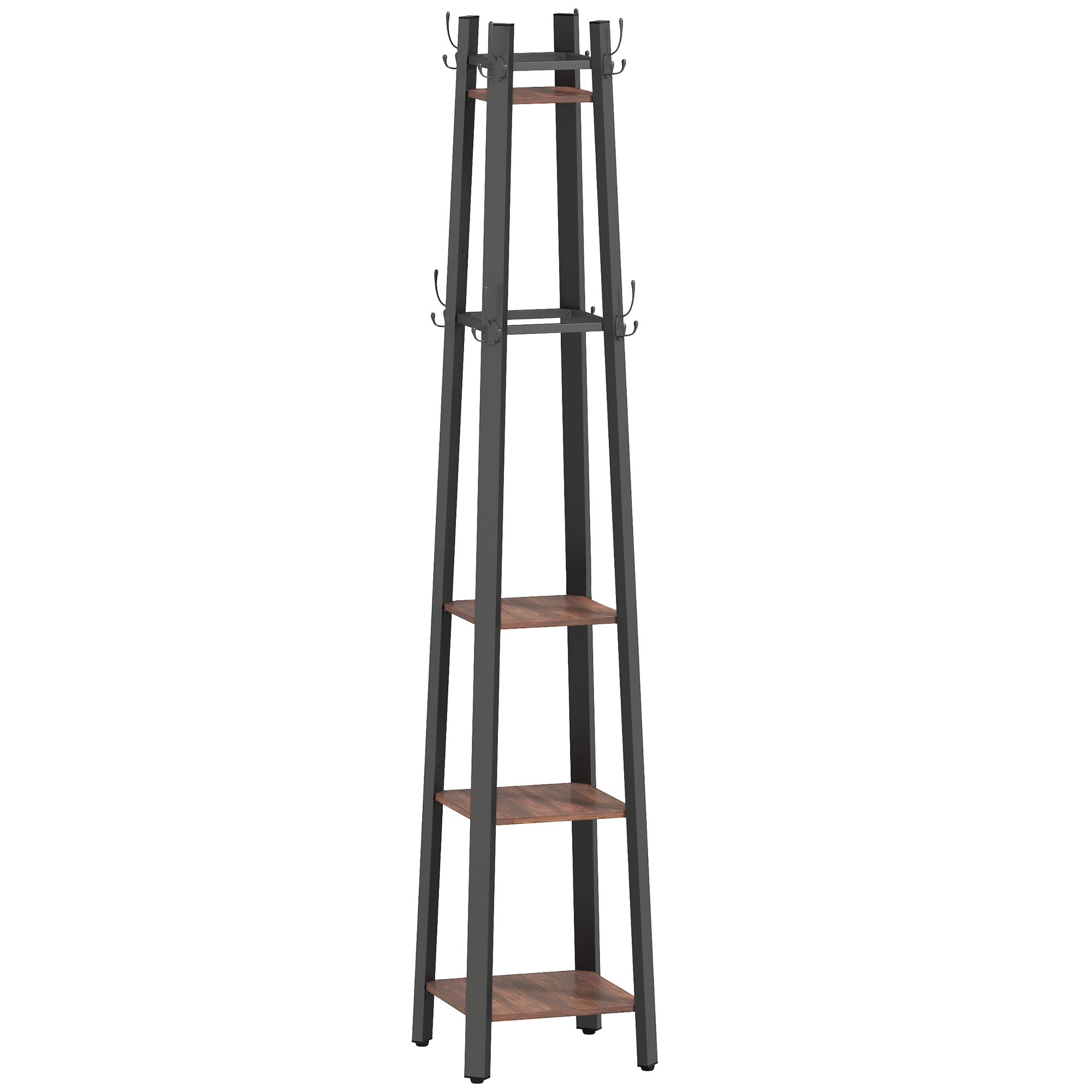 Garderobenständer Mit 4 Ebenen, Freistehender Kleiderständer, 8 Haken, 4 Regale, Industrie-Stil, Metall, Spanplatte, Braun