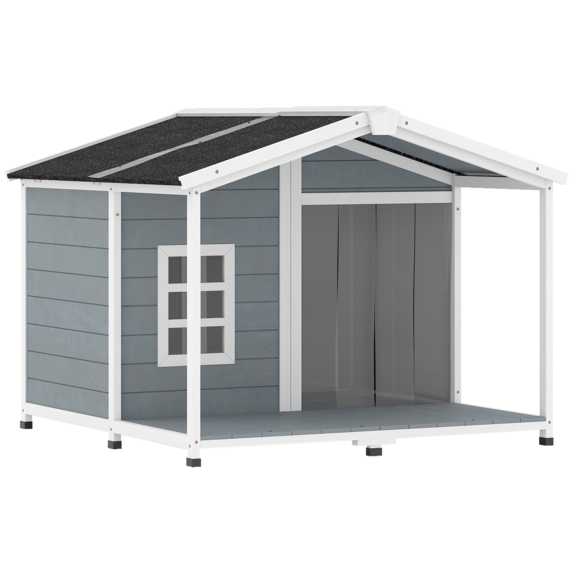 Hundehütte Wetterfestes Erhöhtes Hundehaus Aus Holz Mit Asphaltdach, Terrasse, Für Mittelgroße Hunde 103x107x83,5cm Grau