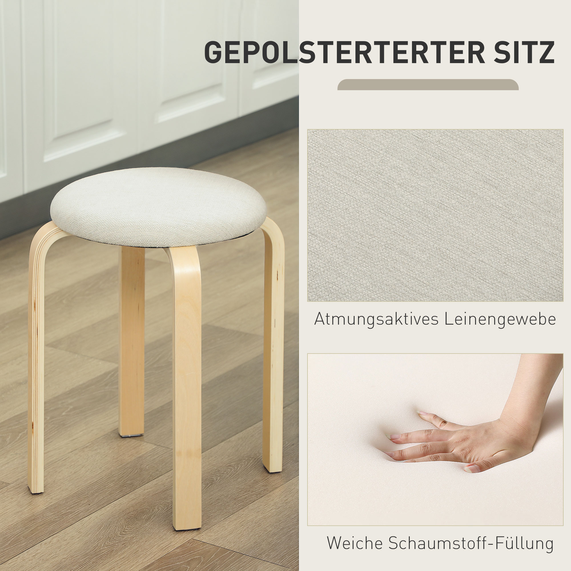 Polsterhocker Im 4er-Set, Stapelbar, Lackierte Oberfläche, Holzbeine, Cremeweiß
