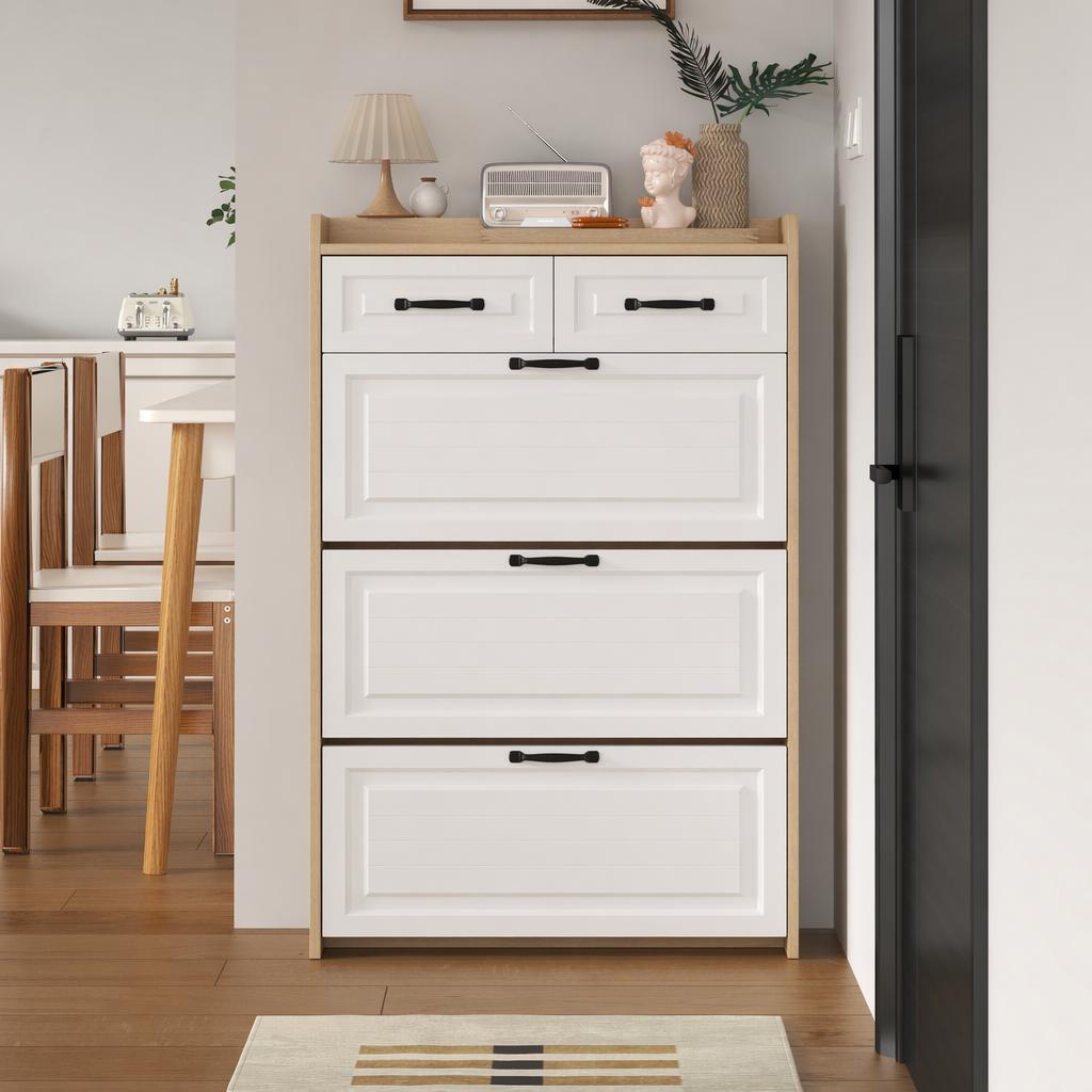 Shoe Organizer Storage Cabinet, With 3 Flip Louvered Doors & 2 Drawers, Narrow — image 2