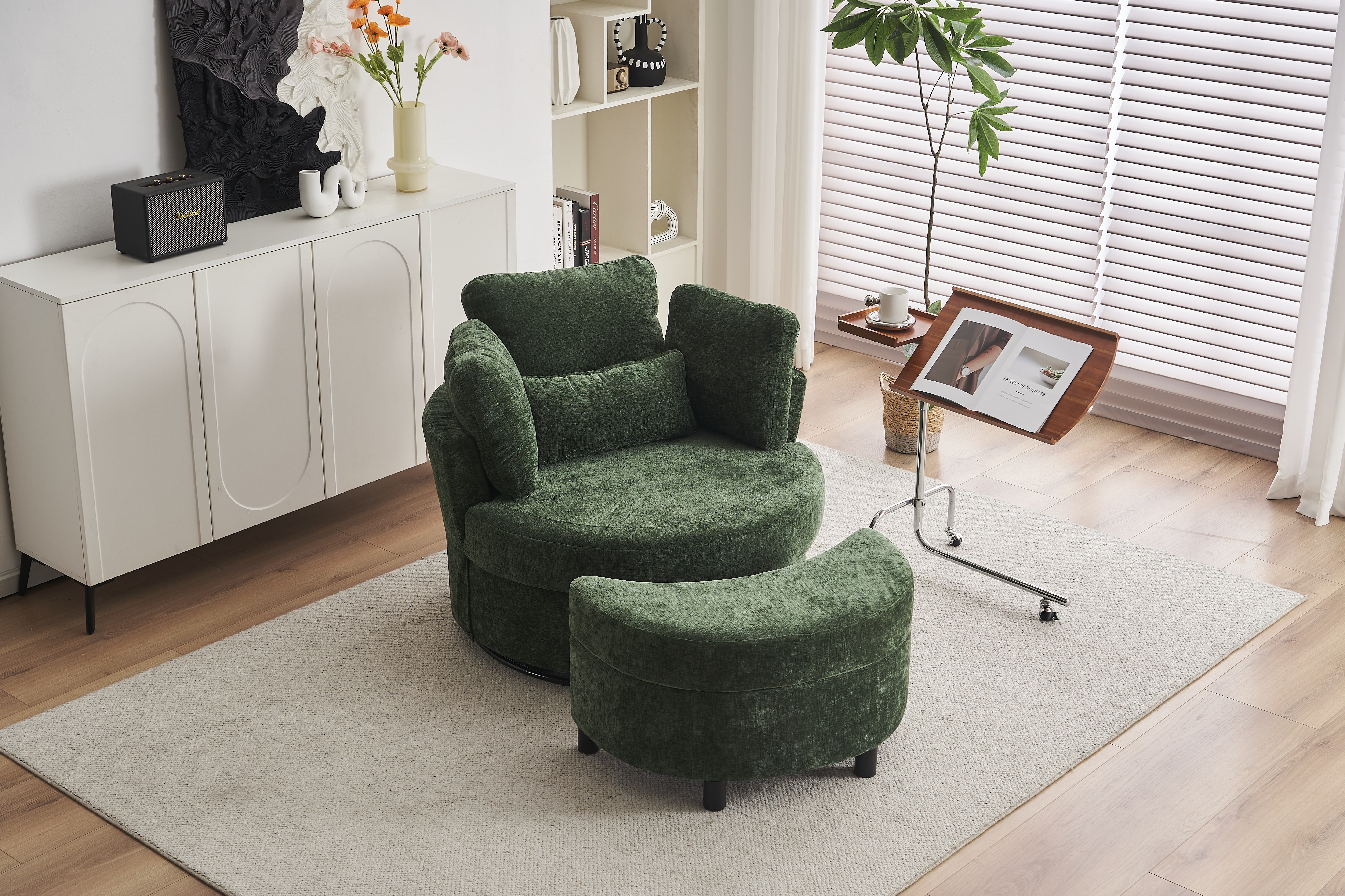 Chenille Swivel Armchair With 3 Back Cushion Pillow Ottoman Crescent Stool — image 5