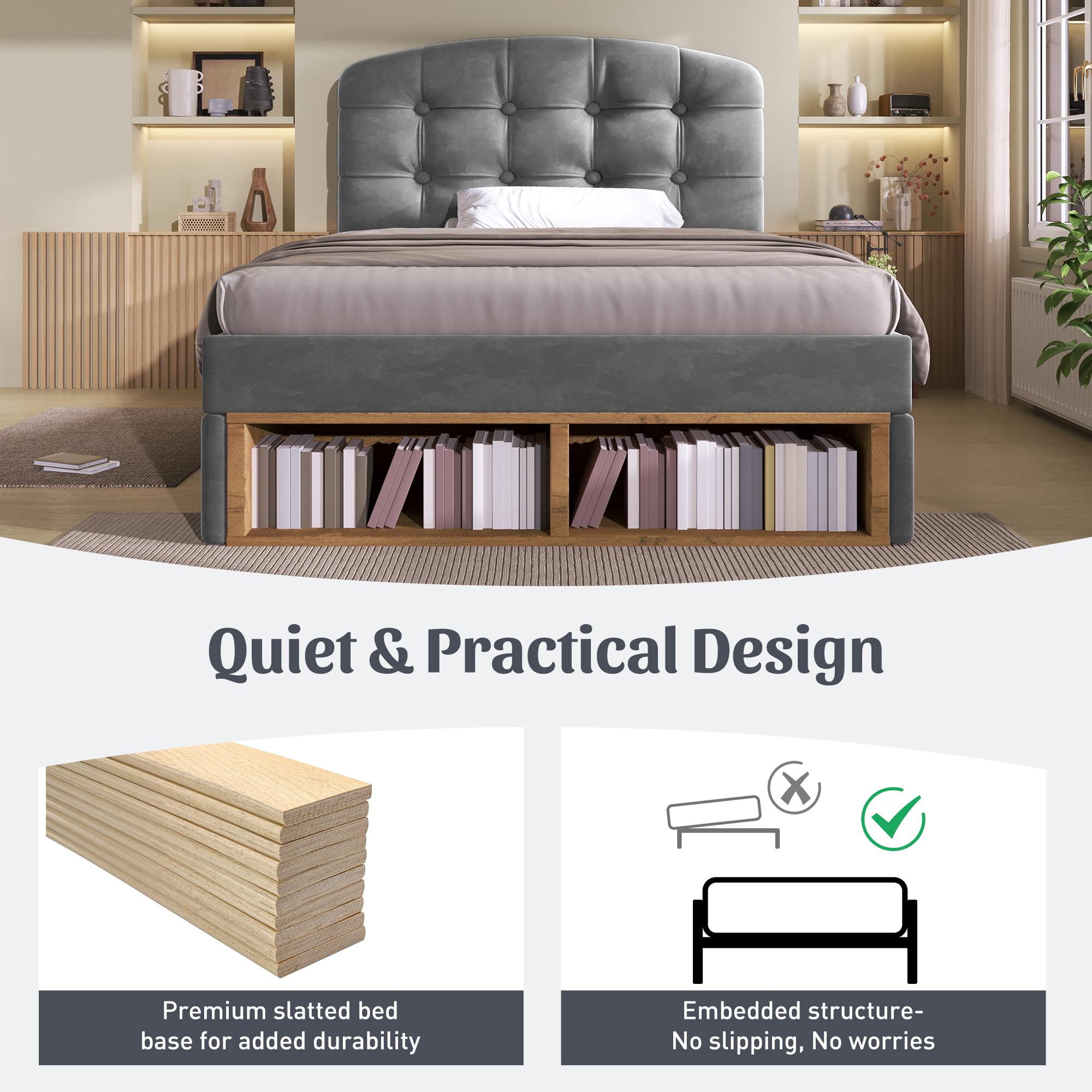 Upholstered Single Bed With Storage Compartments And Drawers, 3ft Single Bed With Adjustable Headboard, 90 X 190 Cm, Velvet, Grey   No Mattress
