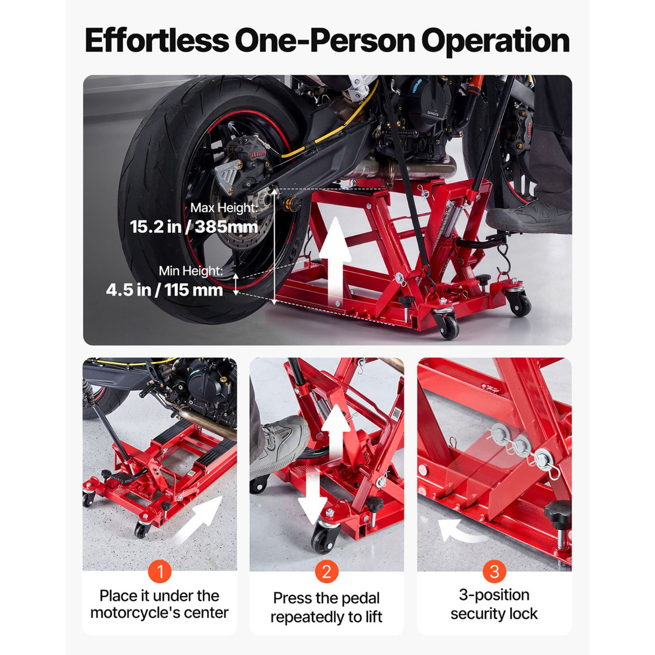 Hydraulic Motorcycle Lift Jack, 1500 Lbs Capacity, ATV Lift Jack Portable Motorcycle Hoist Stand With 4 Wheels, 4.5-15.2 Height Range, Hydraulic Foot-Operated Hoist Stand For ATVs, Dirt Bikes - photo 5