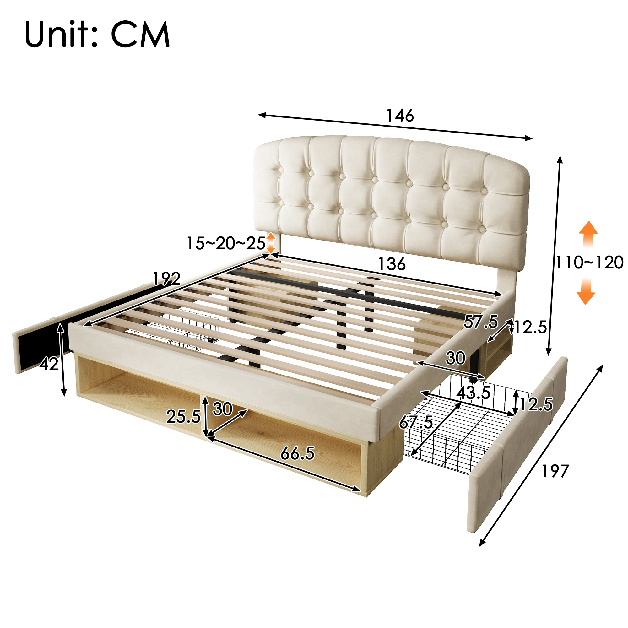 Upholstered Double Bed With Storage Compartments And Drawers, 4ft6 Double Bed With Adjustable Headboard, 135 X 190 Cm, Velvet, Beige   No Mattress