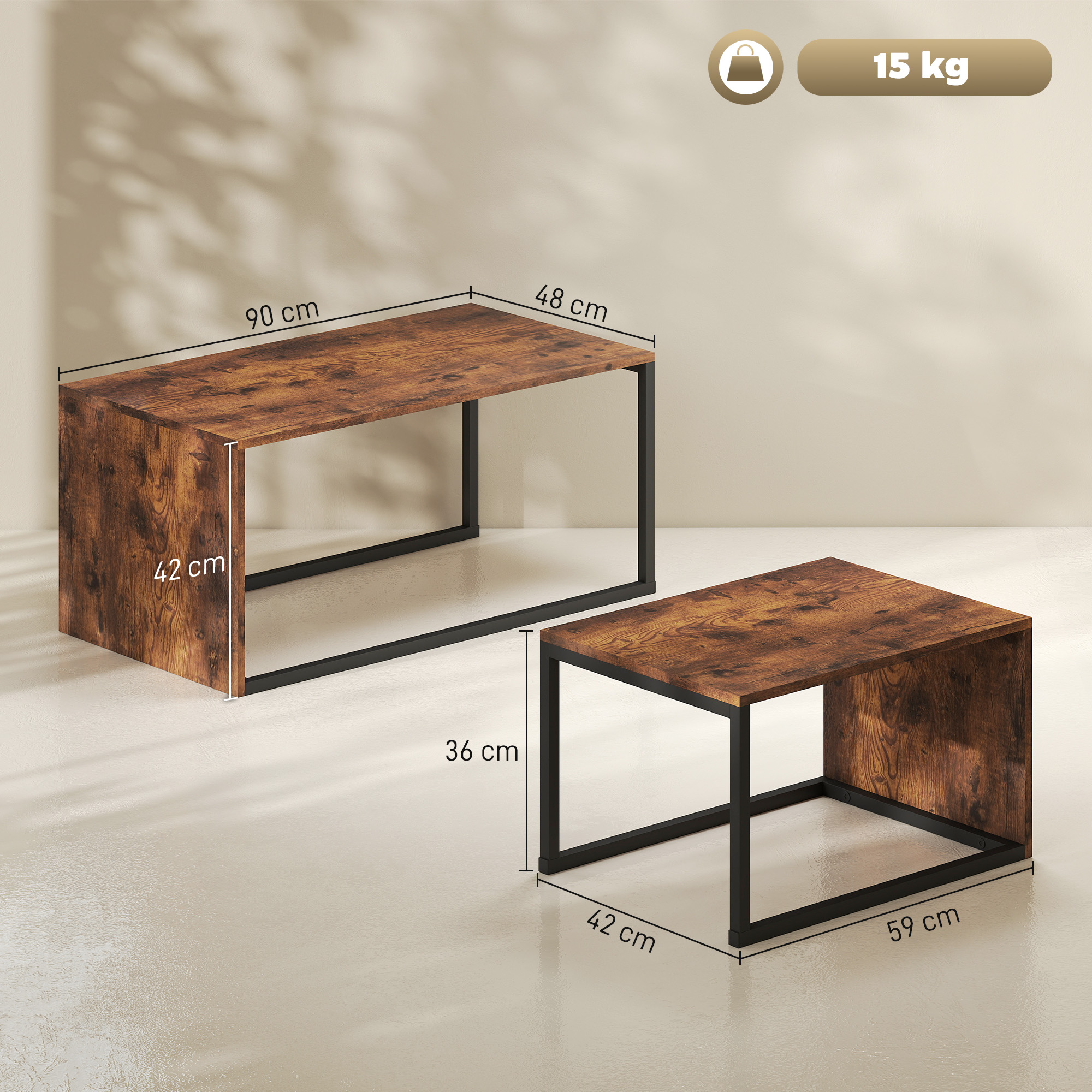 2er-Set Couchtisch, Sofatisch, Beistelltisch, Spanplatte, Metall, 90 X 48 X 42 Cm/59 X 42 X 36 Cm, Schwarz+Braun