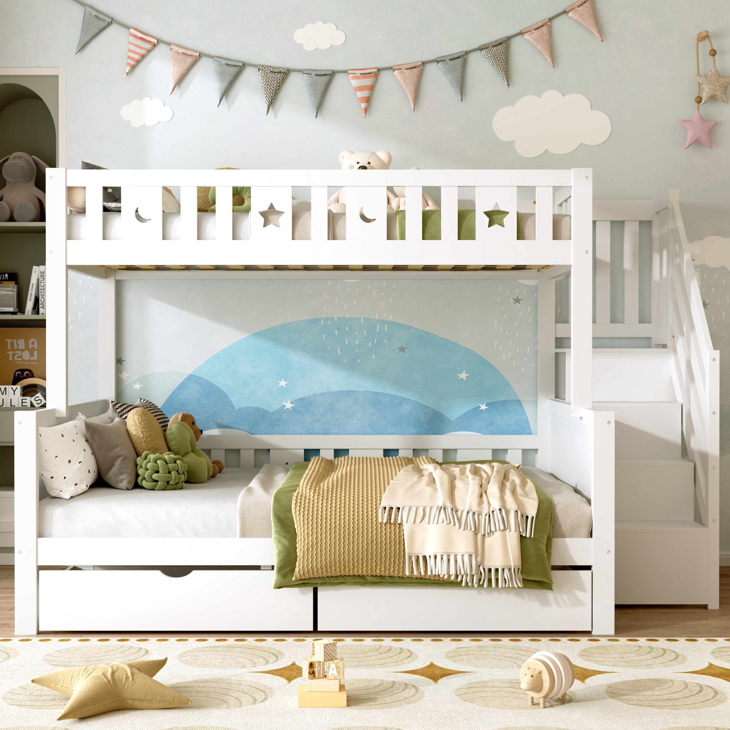Bunk Bed With Two Storage Drawers And Side Hidden Storage Compartments, Solid Wood Loft Bed Frame With Space-Saving Design, Safety Guardrails & Staircase, Star And Moon Motifs, White   No Mattress
