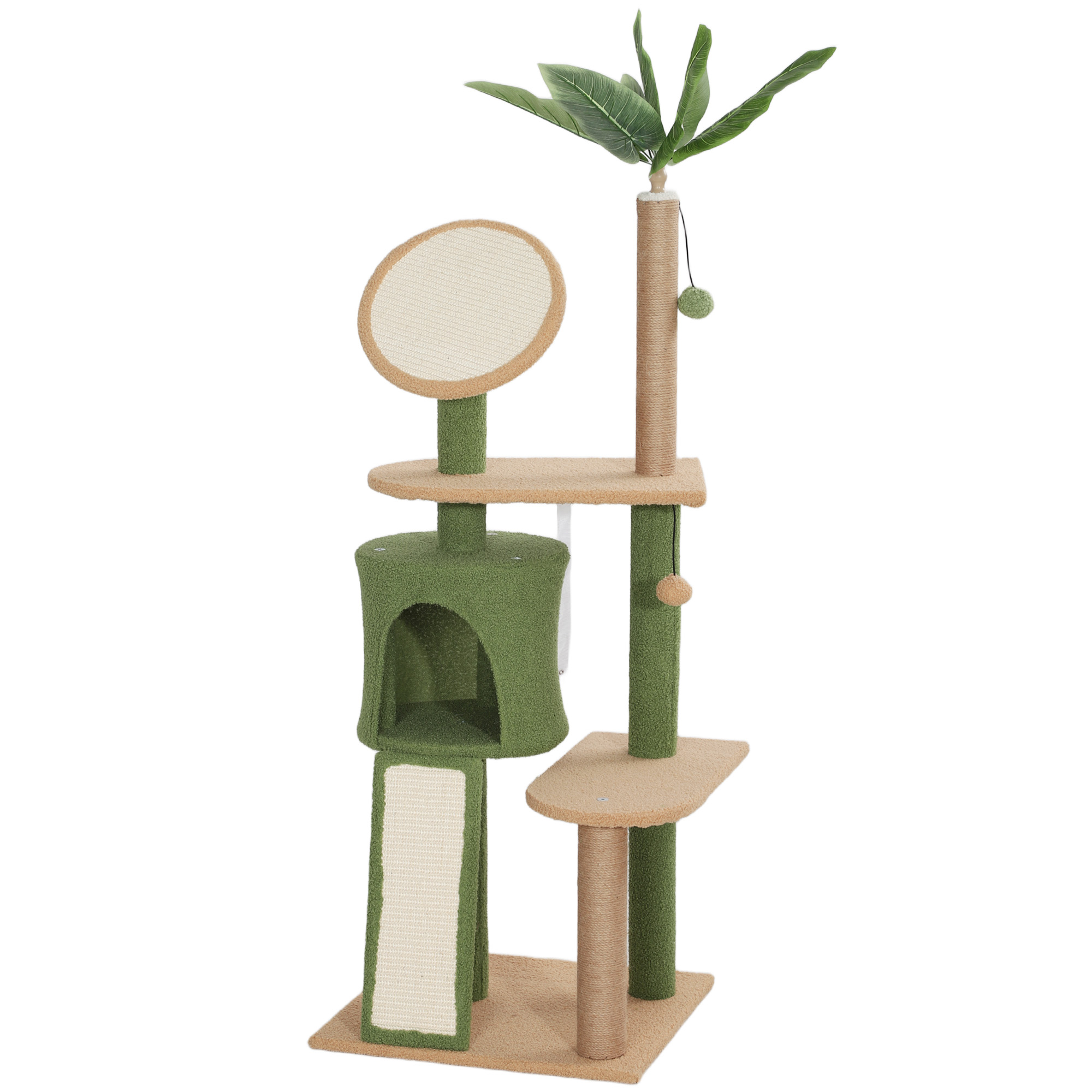 Kratzbaum, 139 Cm Katzenbaum Mit Höhle, Spielbällen, Sisal-Kratzpfosten Und Plattformen, Für Zwei Katzen, Grün