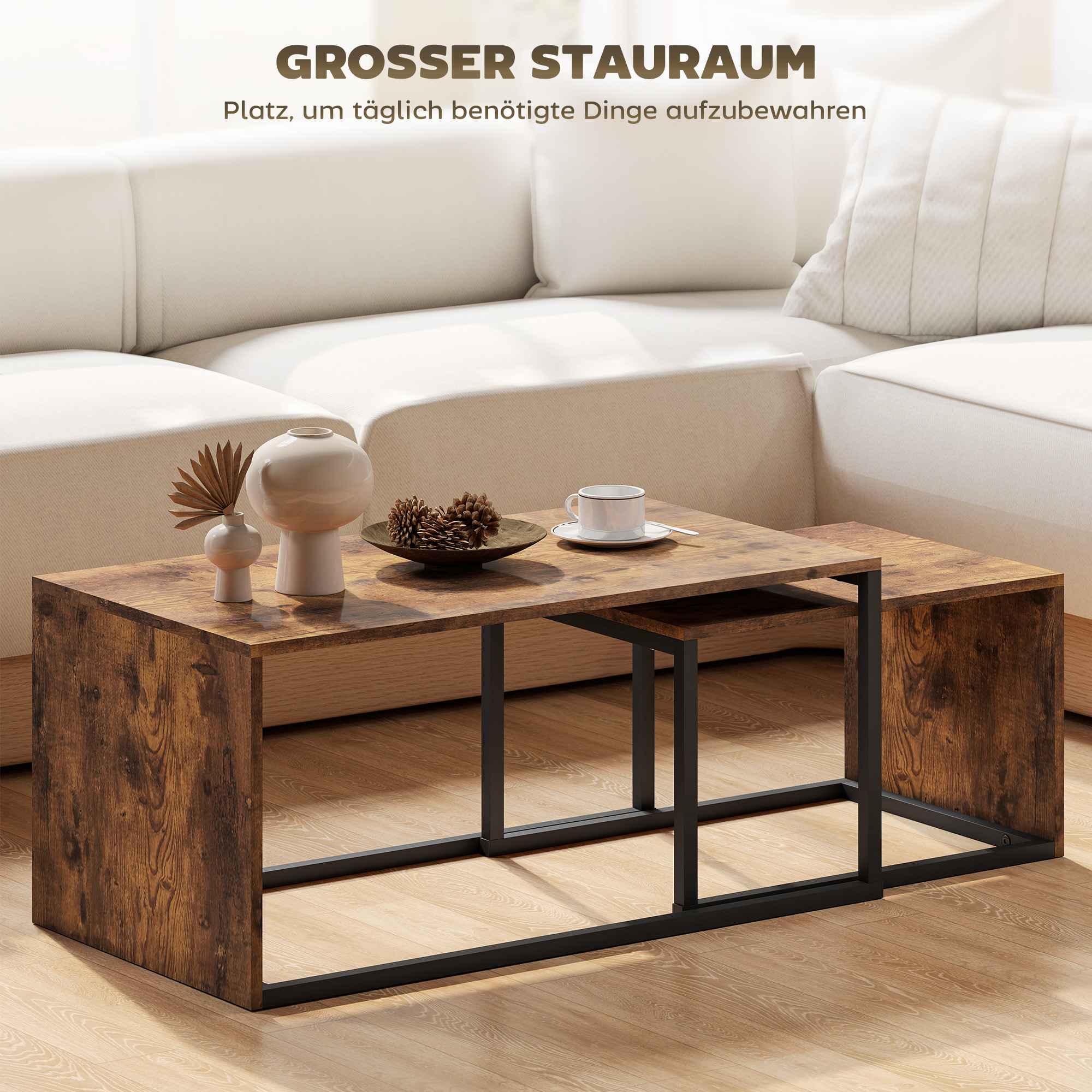2er-Set Couchtisch, Sofatisch, Beistelltisch, Spanplatte, Metall, 90 X 48 X 42 Cm/59 X 42 X 36 Cm, Schwarz+Braun