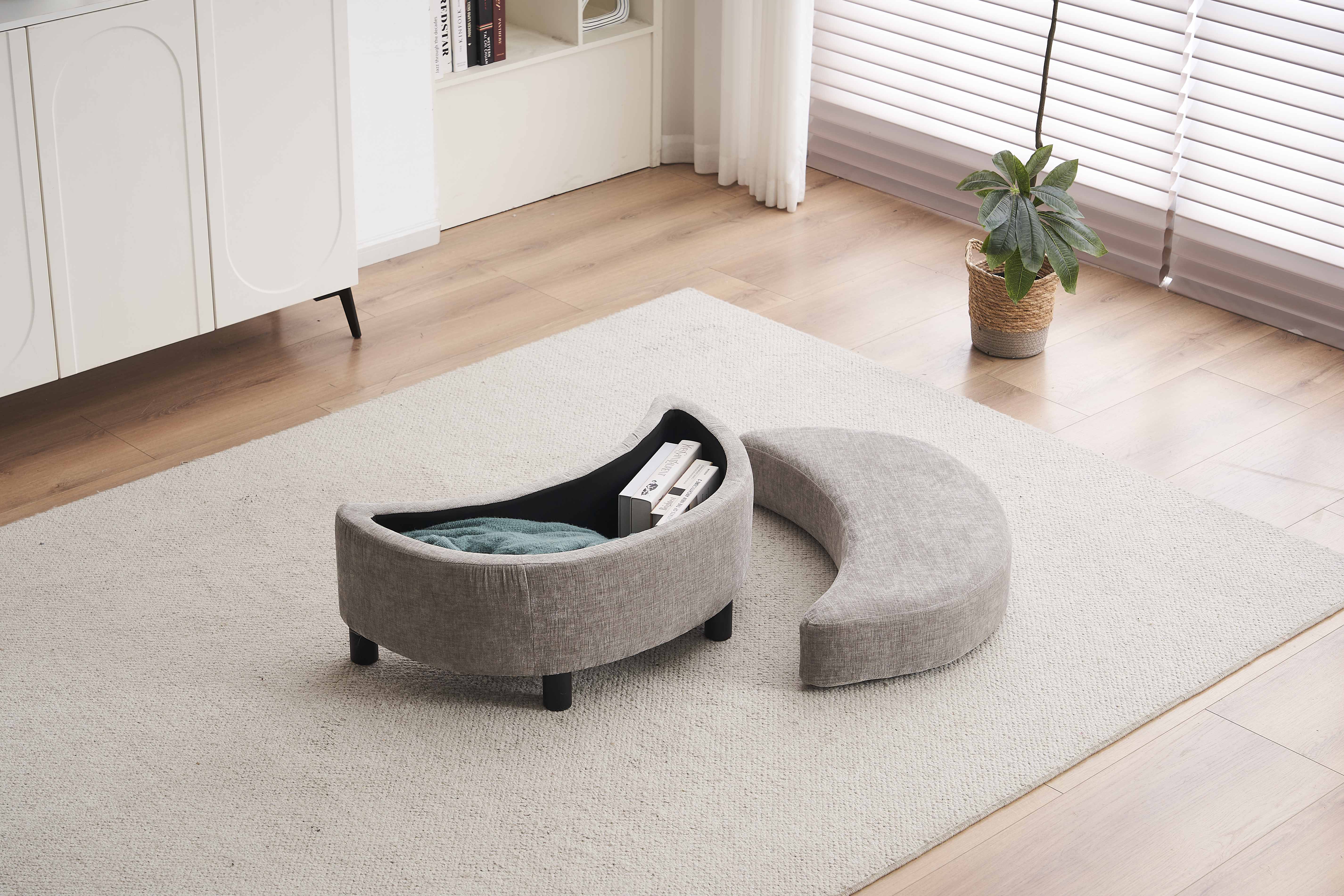 Chenille Swivel Armchair With 3 Back Cushion Pillow Ottoman Crescent Stool