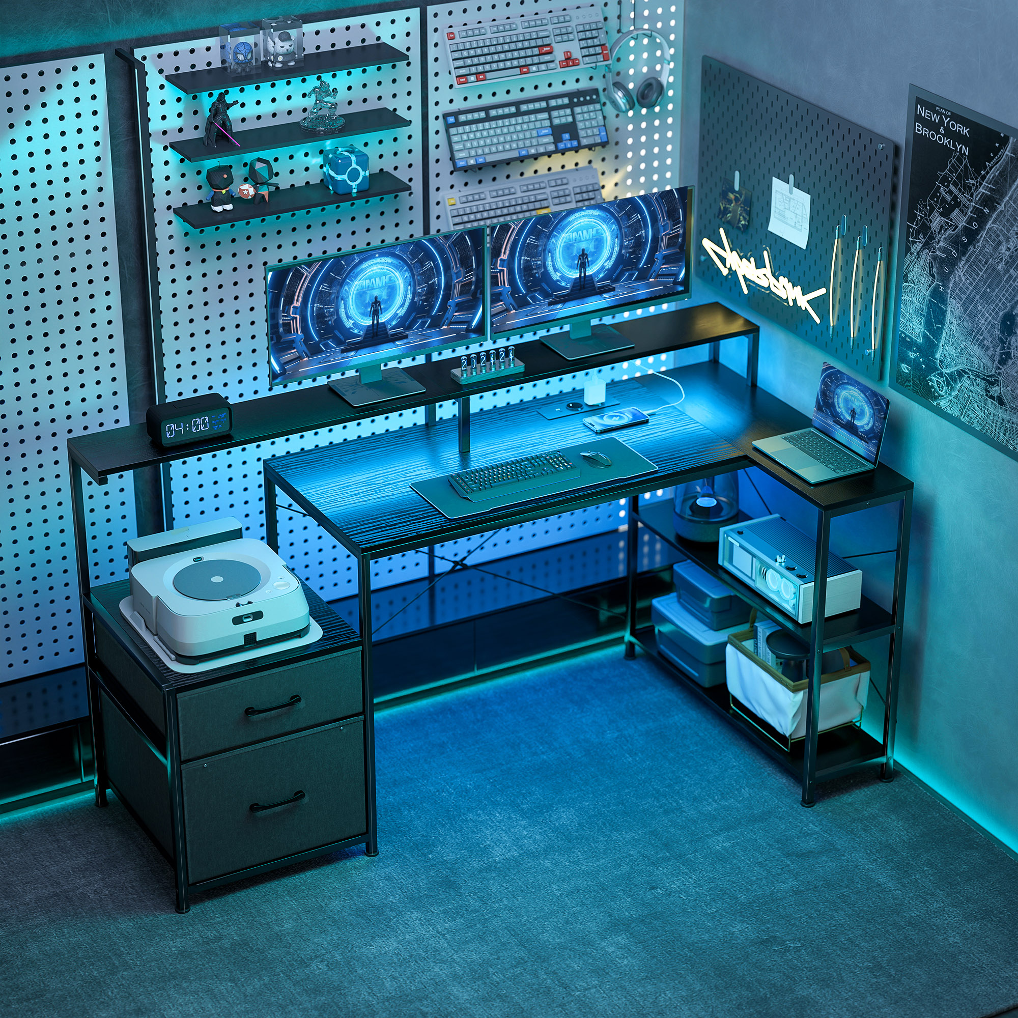 Gaming Tisch L-förmiger Schreibtisch Mit LED & Steckdosen, Mit Doppelmonitorständer, 165x80x91,5 Cm, Schwarze Holzoptik 3