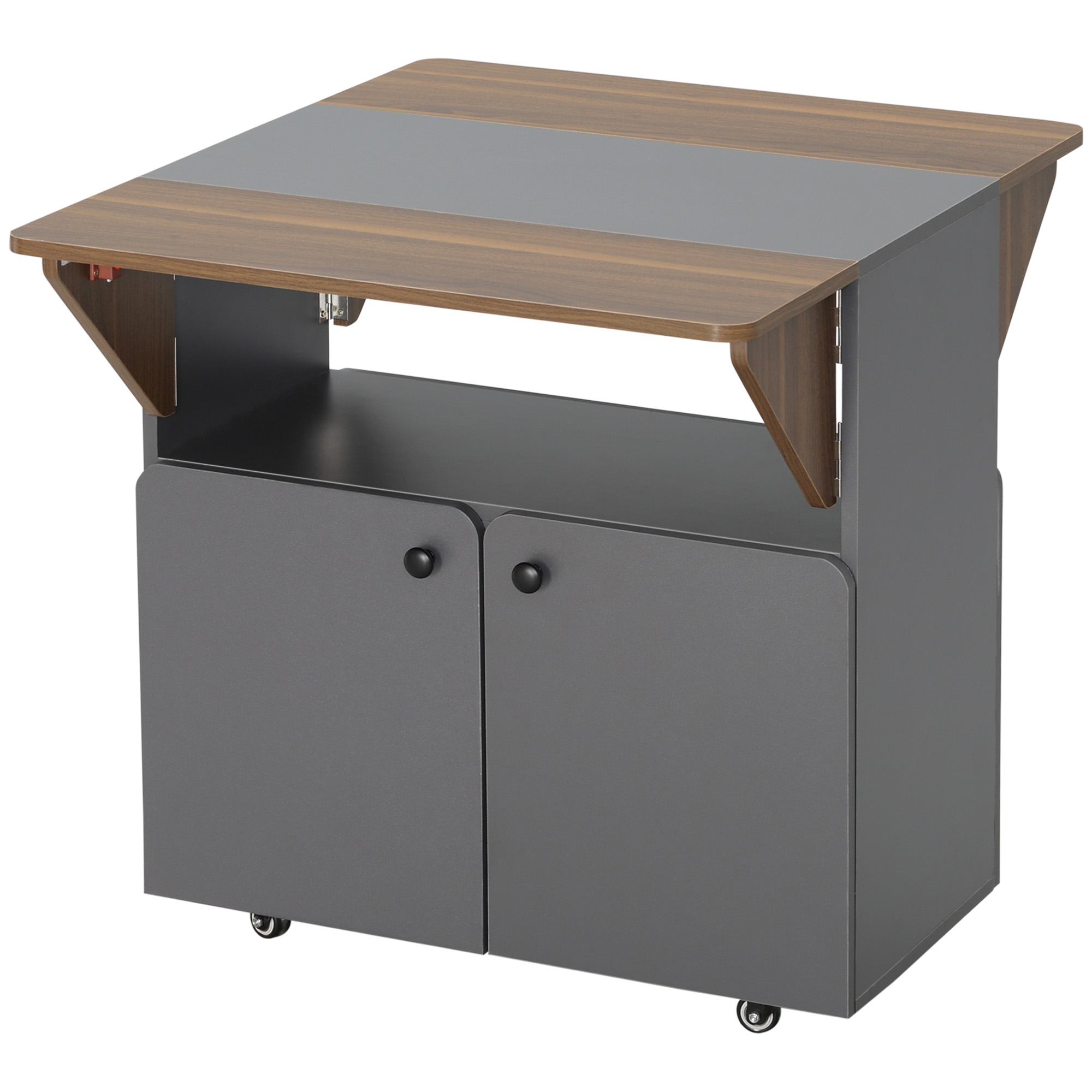 Klapptisch Rollschrank, Zwei Klappbare Tischseiten, Schrankfach, 4 Rollen, Hellgrau+Dunkelbraun, 70 X 83 X 75cm