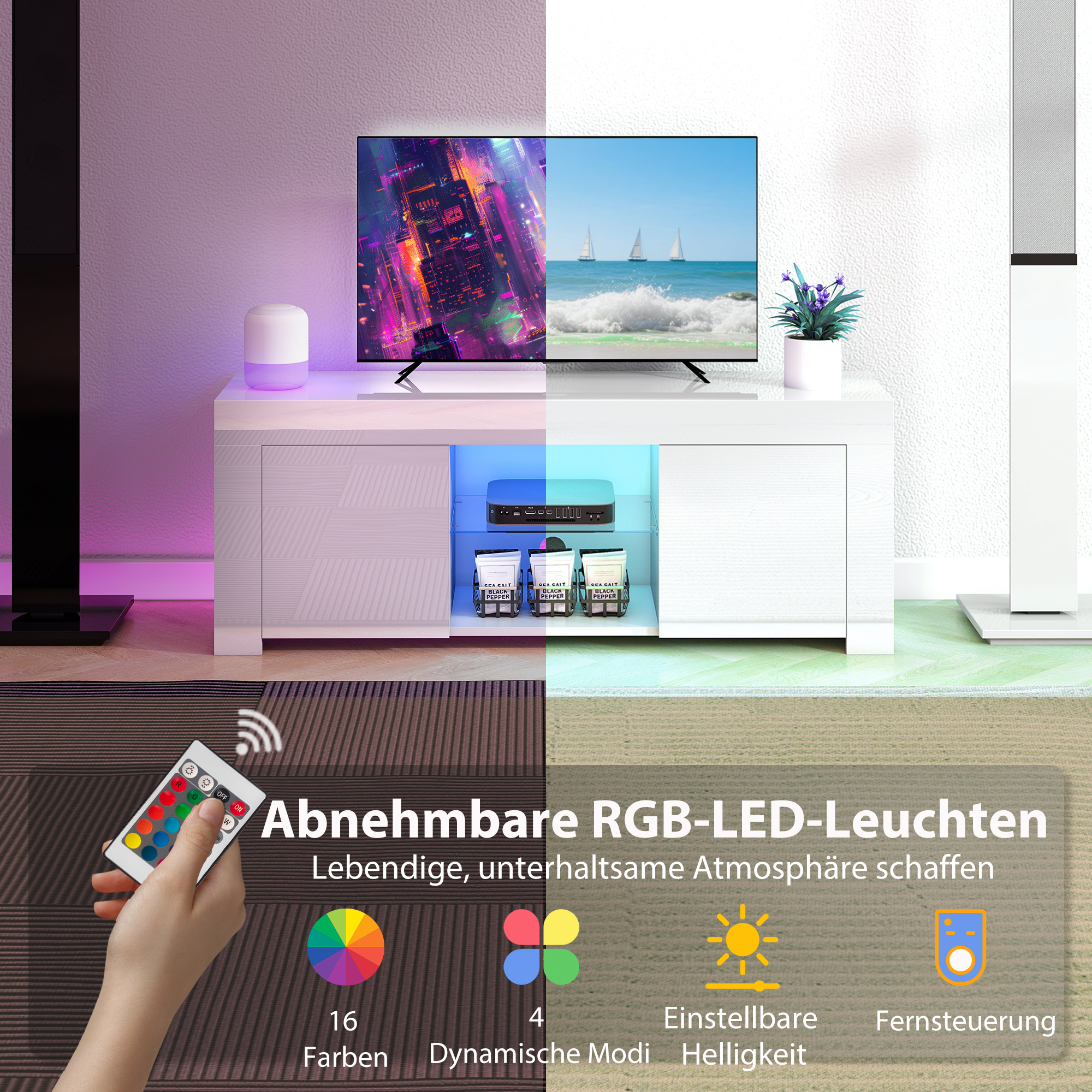 TV-Schrank Mit LED-Beleuchtung, 2 Schranktüren, Glasregal, Kabellöcher, Für Wohnzimmer, Spanplatte, Weiß