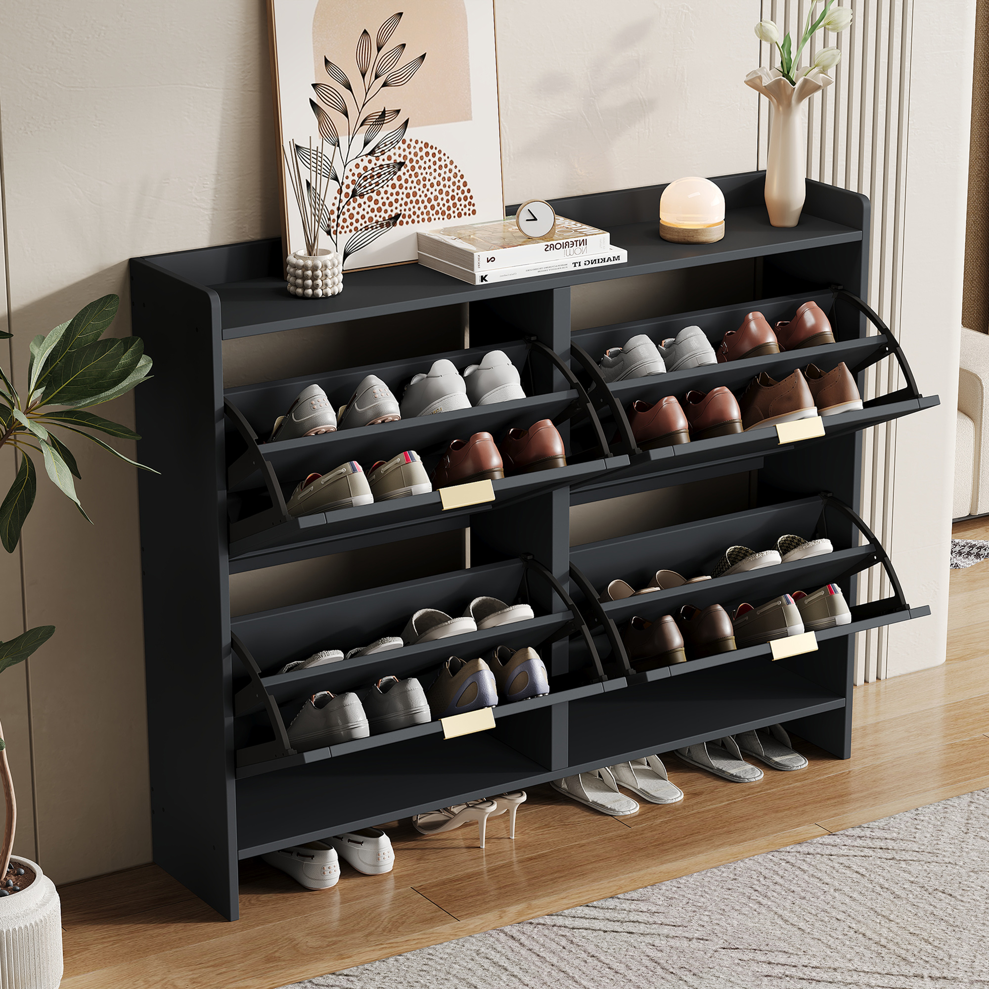 Modern Shoe Cabinet With 4 Flip Drawers, Freestanding Rack Open Shelves — image 3